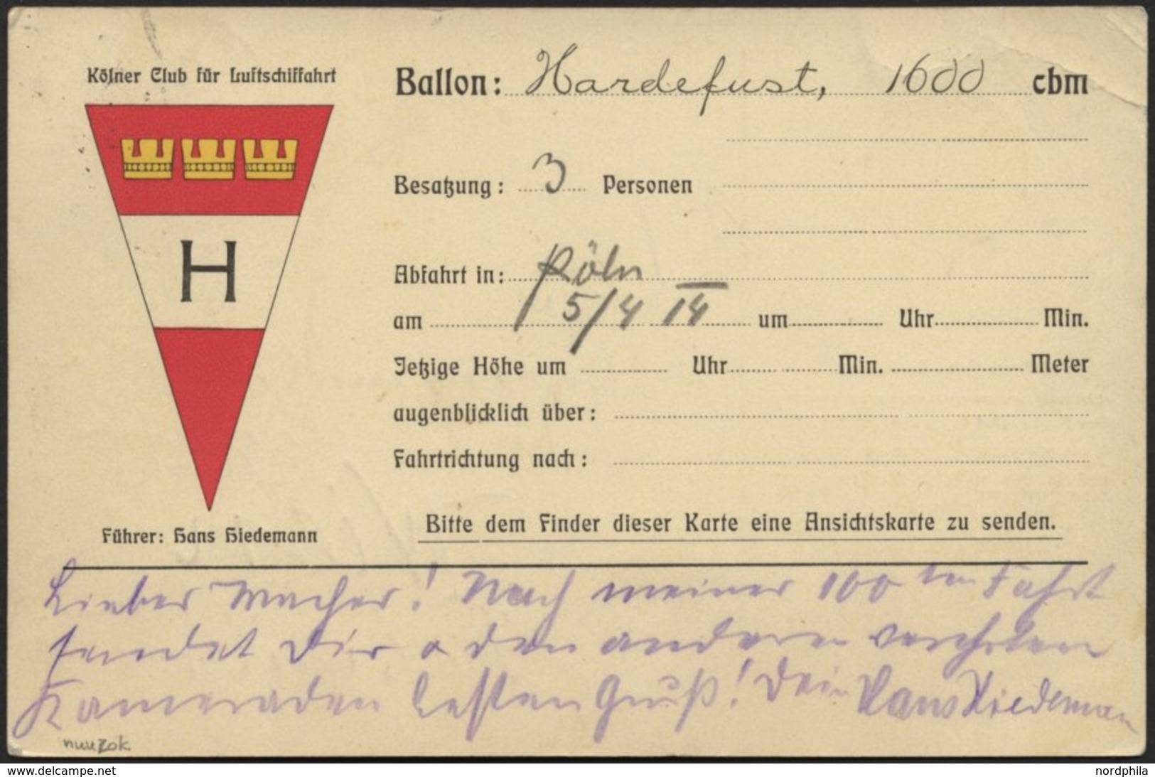 BALLON-FAHRTEN 1897-1916 5.4.1914, Kölner Club Für Luftschiffahrt, Abwurf Vom Ballon HARDEFUST, Postaufgabe In Cöln Am 6 - Montgolfières