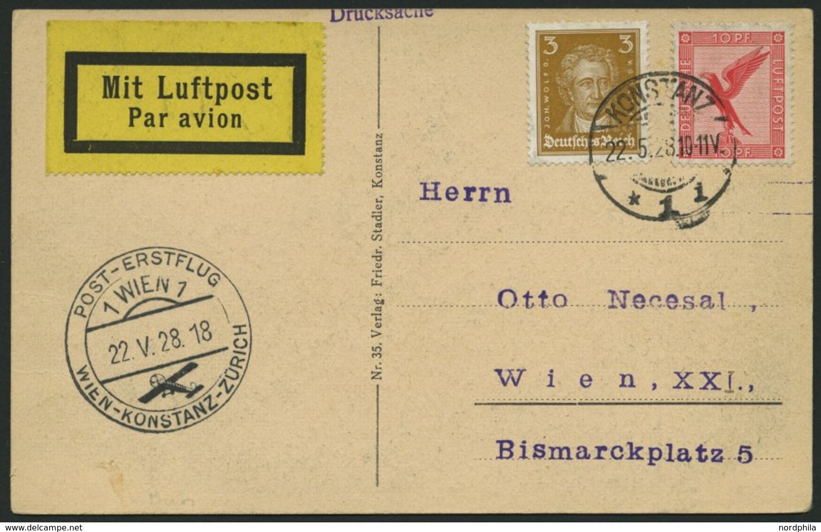 ERST-UND ERÖFFNUNGSFLÜGE 28.32.08 BRIEF, 22.5.1928, Konstanz-Wien, Prachtkarte - Airplanes