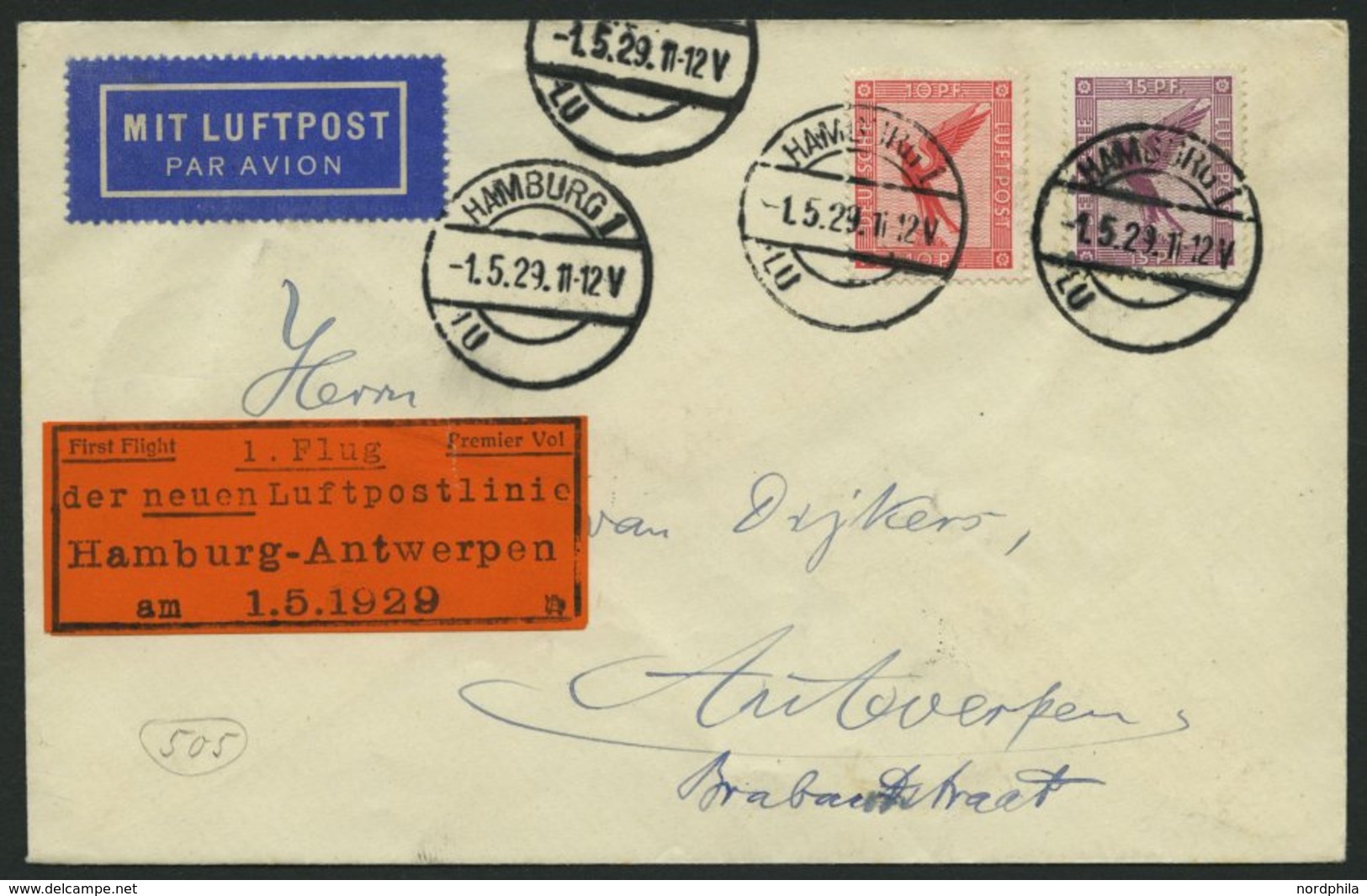 ERST-UND ERÖFFNUNGSFLÜGE 29.5.02 BRIEF, 1.5.1929, Hamburg-Antwerpen, Prachtbrief - Avions