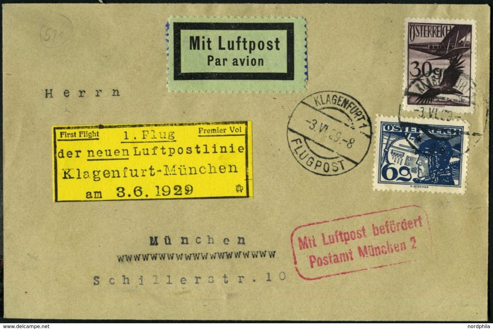 ERST-UND ERÖFFNUNGSFLÜGE 29.18.03 BRIEF, 3.6.1929, Klagenfurt-München, Prachtbrief - Flugzeuge