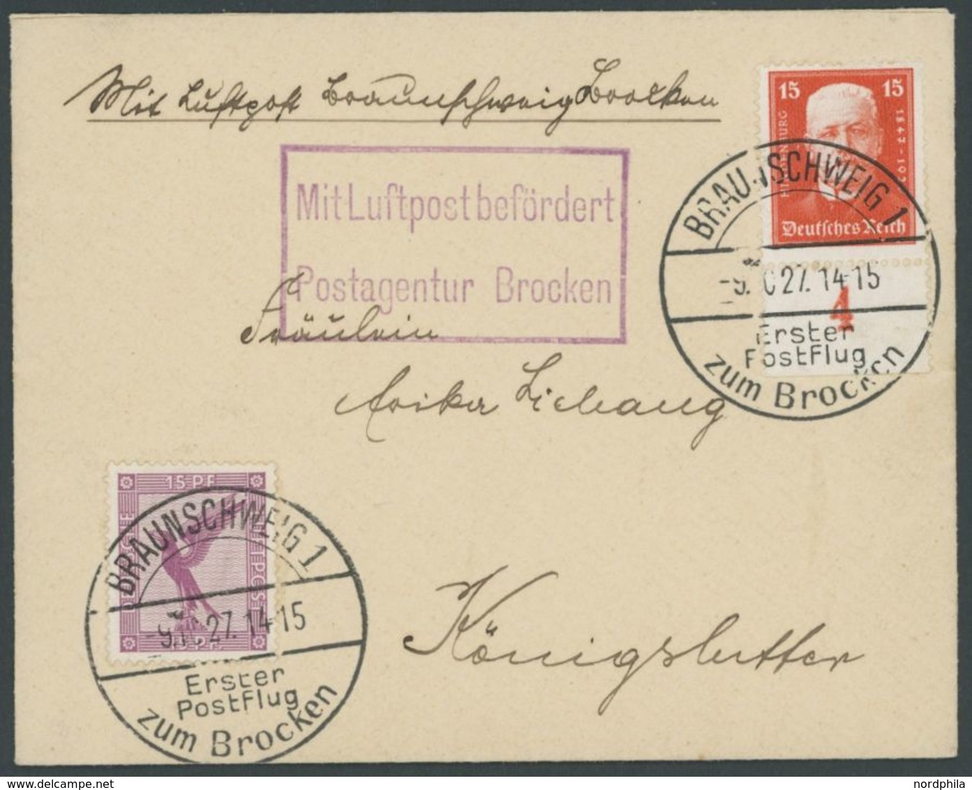 9.10.1927, Braunschweig 1 Erster Postflug Zum Brocken , Prachtbrief -> Automatically Generated Translation: 9.10.1927, " - Airmail & Zeppelin