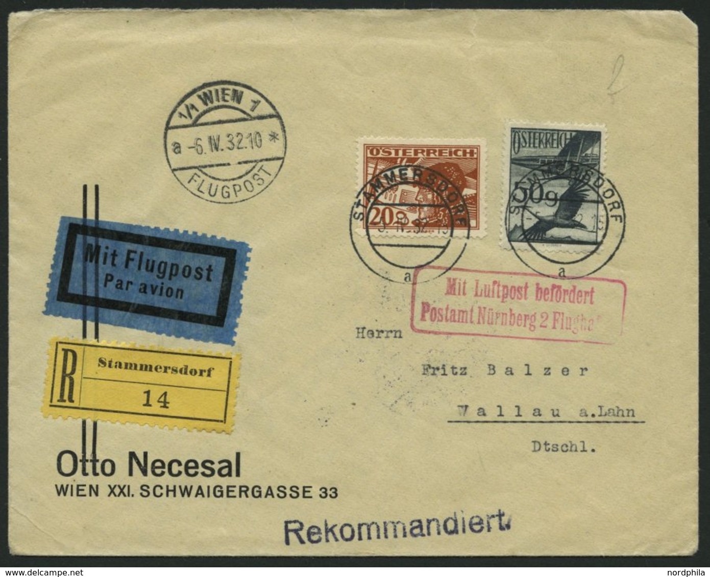 LUFTPOSTBESTÄTIGUNGSSTPL 81-05 BRIEF, NÜRNBERG, Postamt, R2, Einschreibbrief Von Österreich Nach Wallau A.d. Lahn, Prach - Luft- Und Zeppelinpost