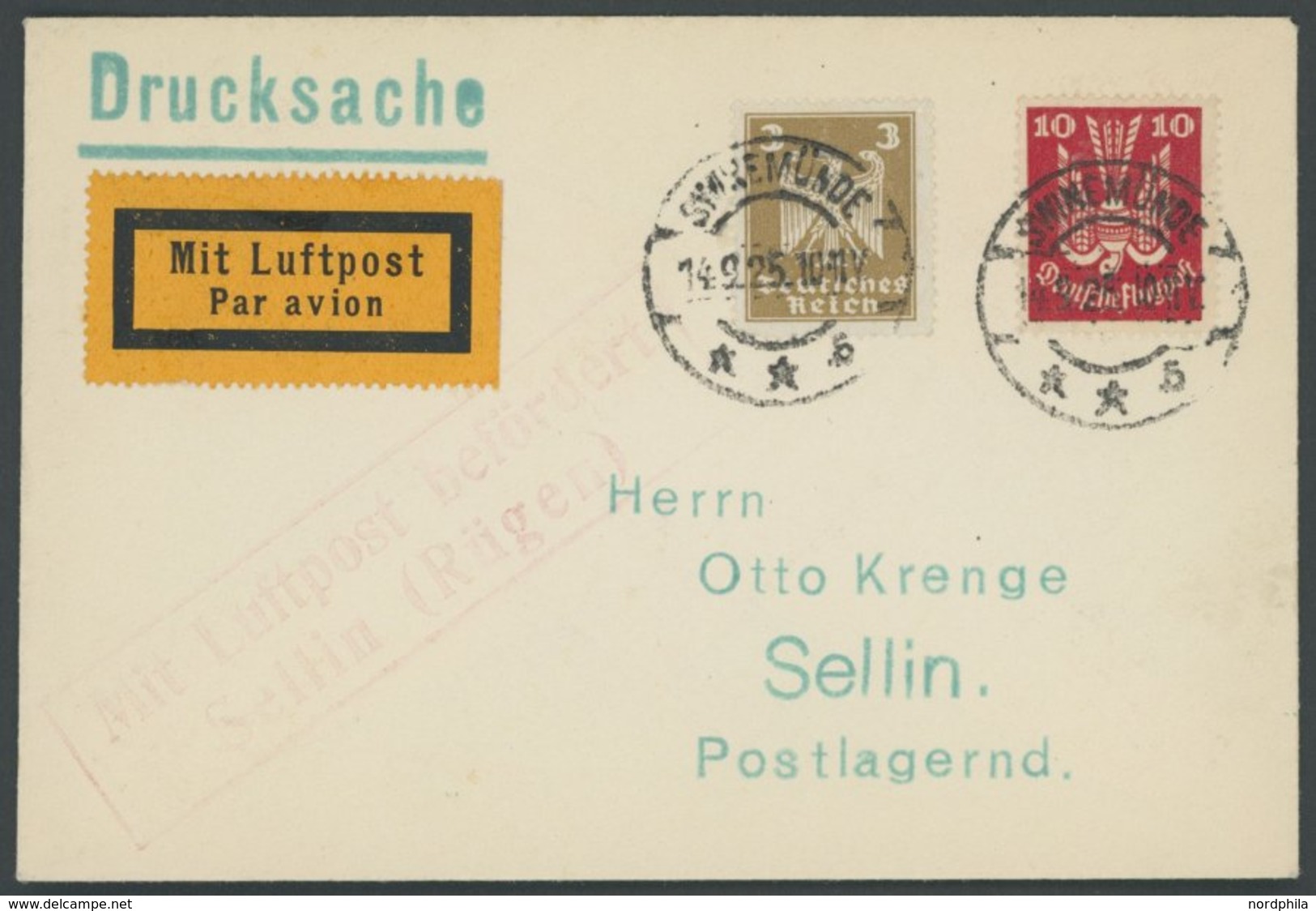 LUFTPOSTBESTÄTIGUNGSSTPL 94-01 BRIEF, SELLIN, Drucksache Von SWINEMÜNDE Nach Sellin, Prachtbrief - Poste Aérienne & Zeppelin