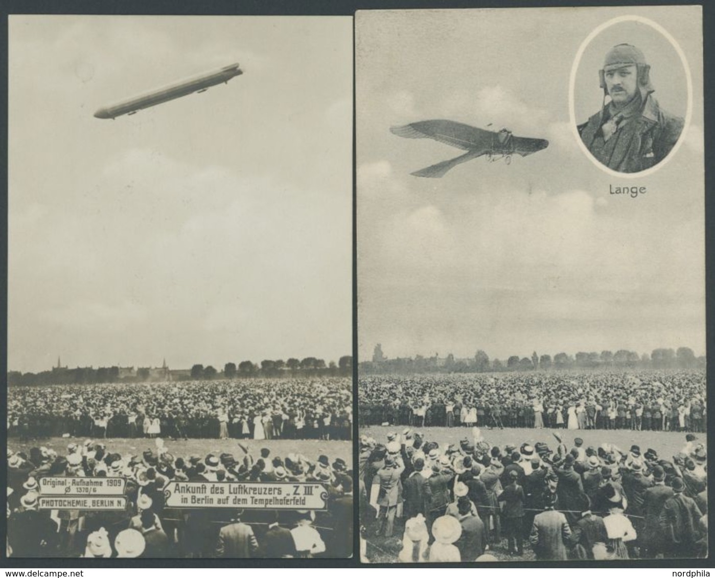 Ansichtskarten-Kuriosum: Zeppelin-Ansichtskarte Von 1909 Und Flug-Ansichtskarte Von 1911, Beide Mit Identischer Menschen - Sonstige & Ohne Zuordnung