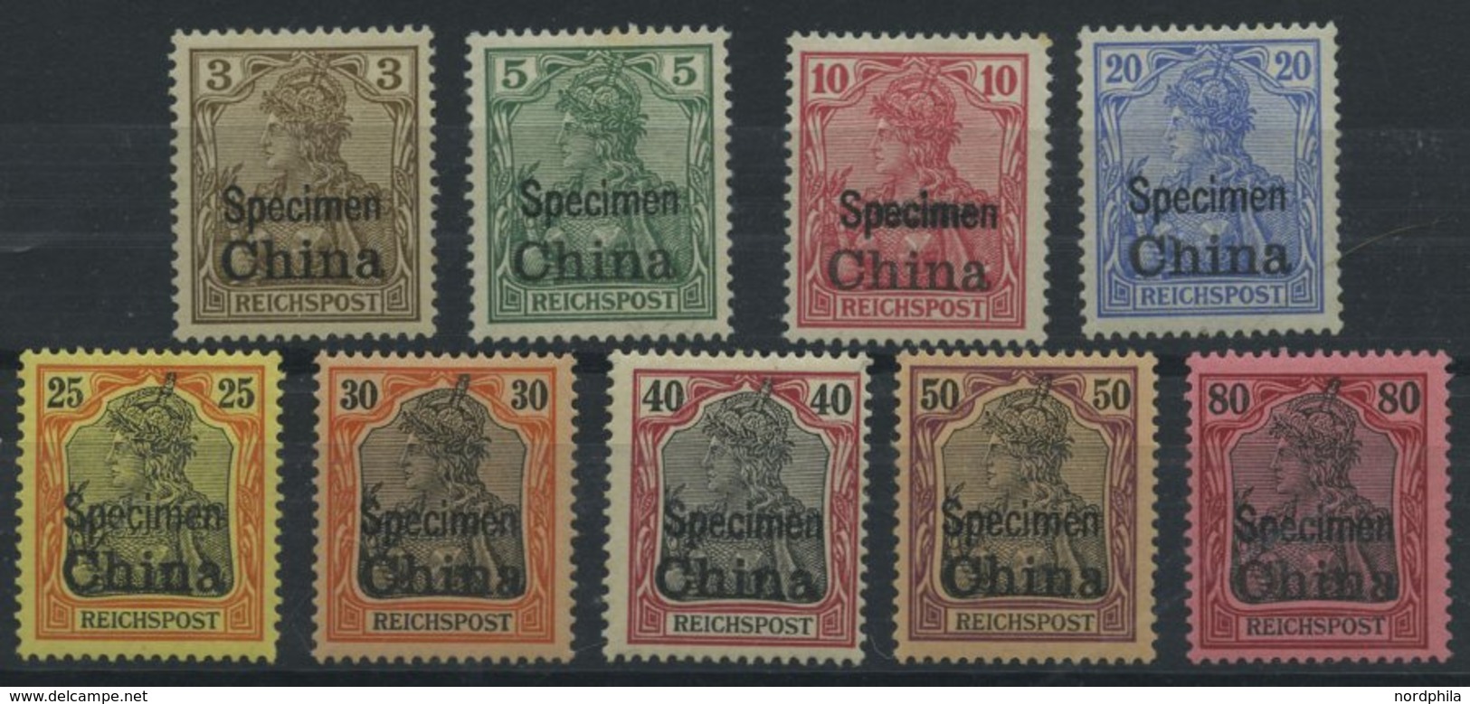 DP CHINA 15-23SP *, 1901, 3 - 80 Pf. Reichspost Mit Aufdruck SPECIMEN, Falzrest, 9 Prachtwerte, Mi. 2520.- - Chine (bureaux)