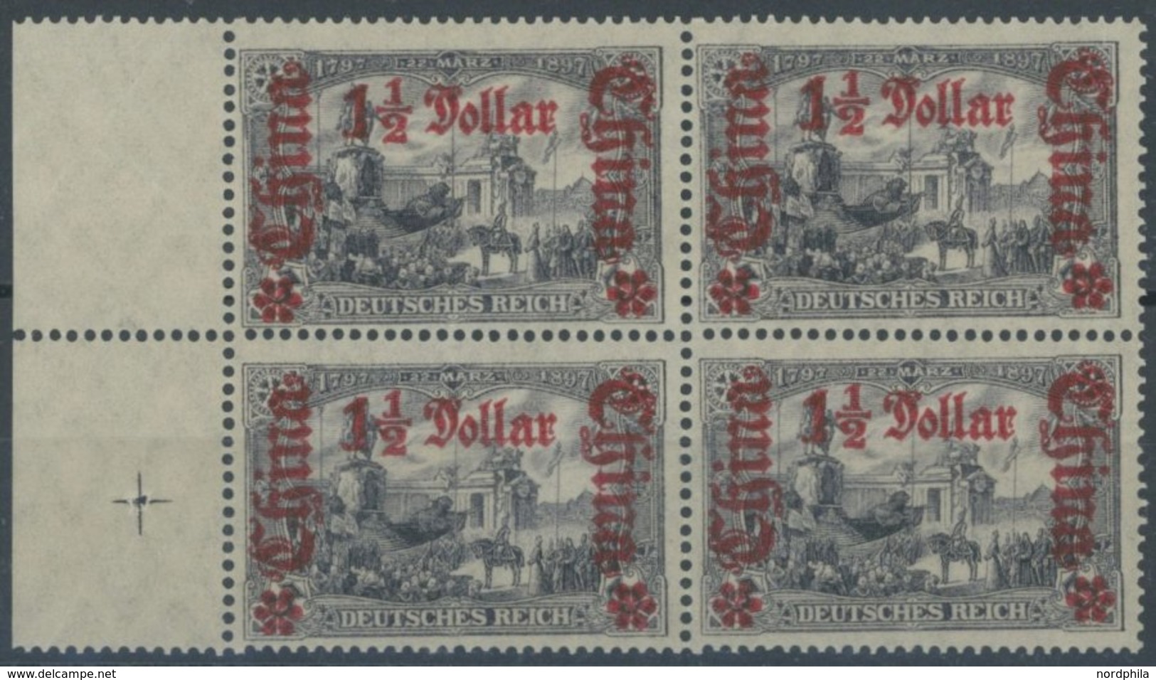 DP CHINA 46Mb VB **, 1919, 1/2 D. Auf 3 M., Mit Wz., Wertaufdruck Mittig, Im Randviererblock, Postfrisch, Pracht, Mi. (3 - Deutsche Post In China