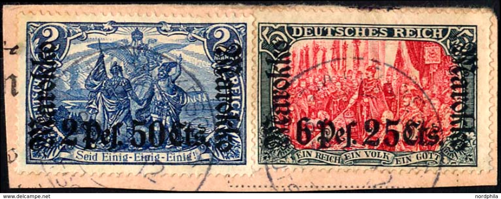 DP IN MAROKKO 56,58IA BrfStk, 1911, 2 P. 50 C. Auf 2 M. Und 6 P. 25 C. Auf 5 M. Auf Postabschnitt Mit Stempel MARRAKESCH - Deutsche Post In Marokko