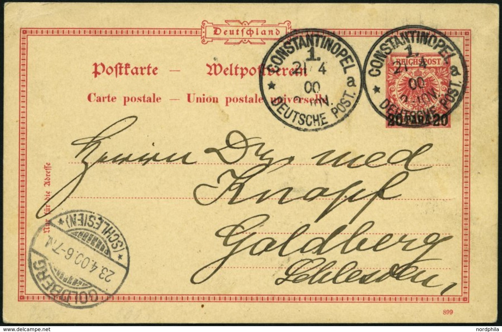 DP TÜRKEI P 5 BRIEF, 1900, 10 PARA Auf 10 Pf., Stempel CONSTANTINOPEL 1a, Prachtkarte Nach Goldberg - Turkey (offices)