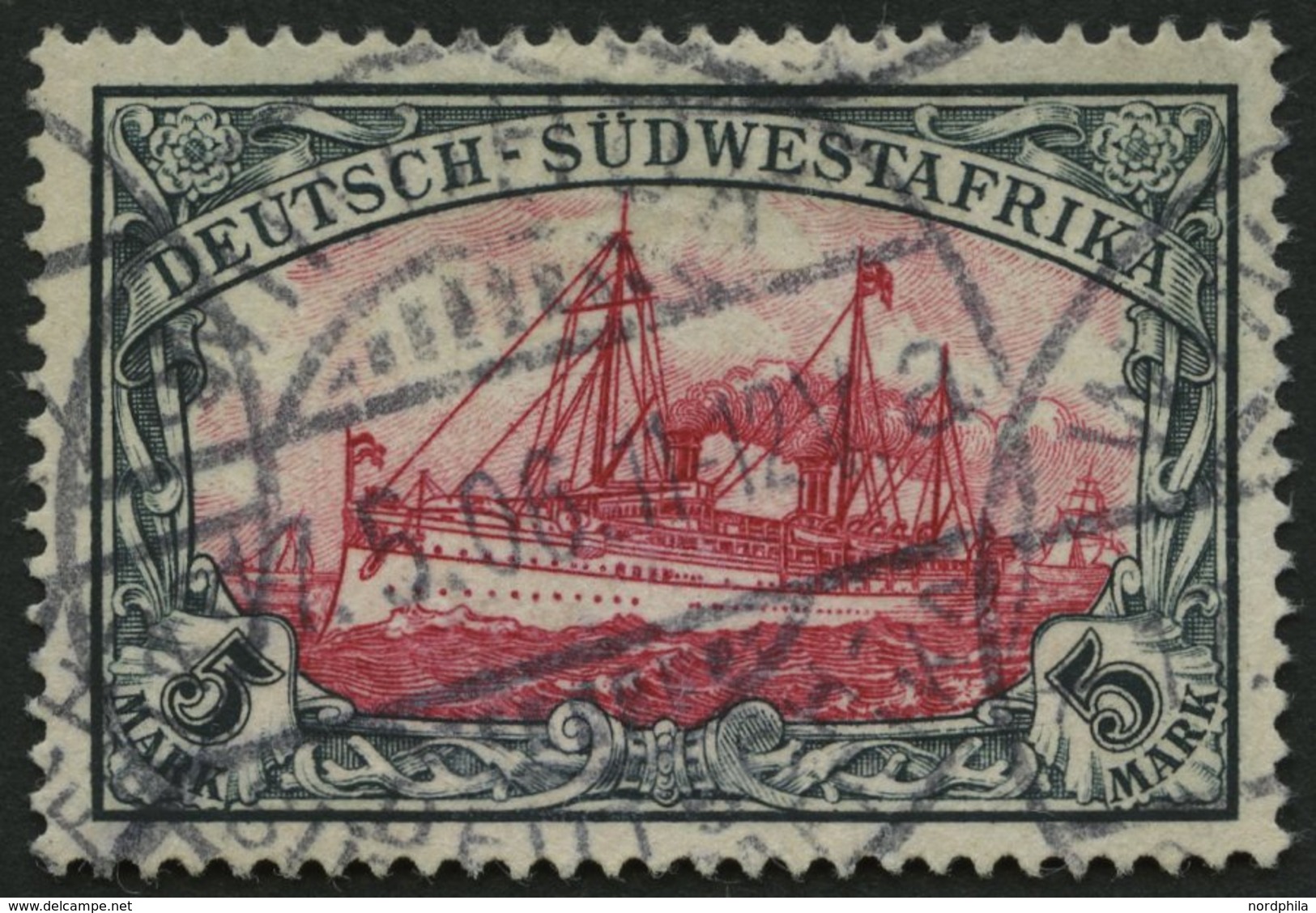 DSWA 23 O, 1901, 5 M. Grünschwarz/bräunlichkarmin, Ohne Wz., Pracht, Mi. 200.- - Deutsch-Südwestafrika