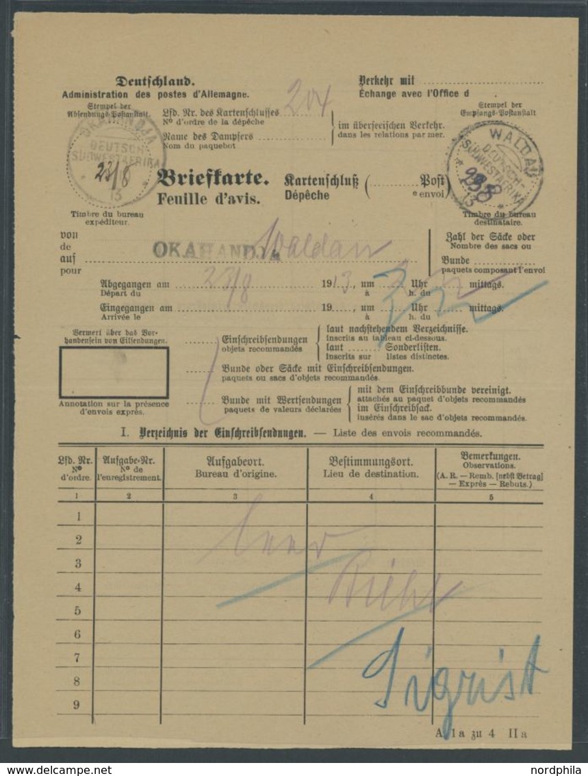 OKAHANDJA, 1913, Einschreib-Briefkarte (Fomular A 1a,IIa) Mit Segmentstempel Und L1 Nach WALDAU, Beide Tagesstempel Mit  - German South West Africa