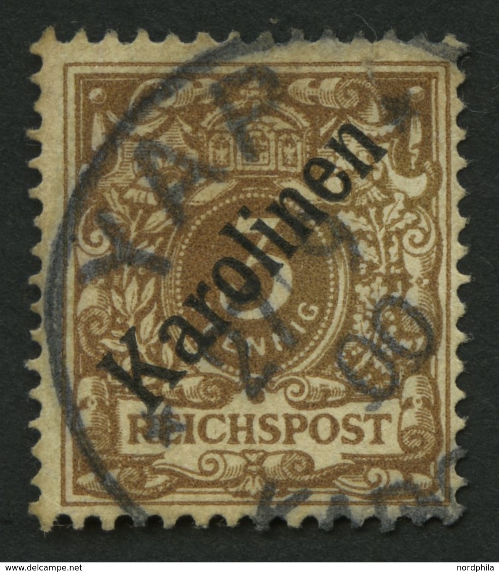 KAROLINEN 1I O, 1899, 3 Pf. Diagonaler Aufdruck, Spalt Im Oberrand, Feinst, Gepr. Jäschke-L., Mi. 850.- - Karolinen