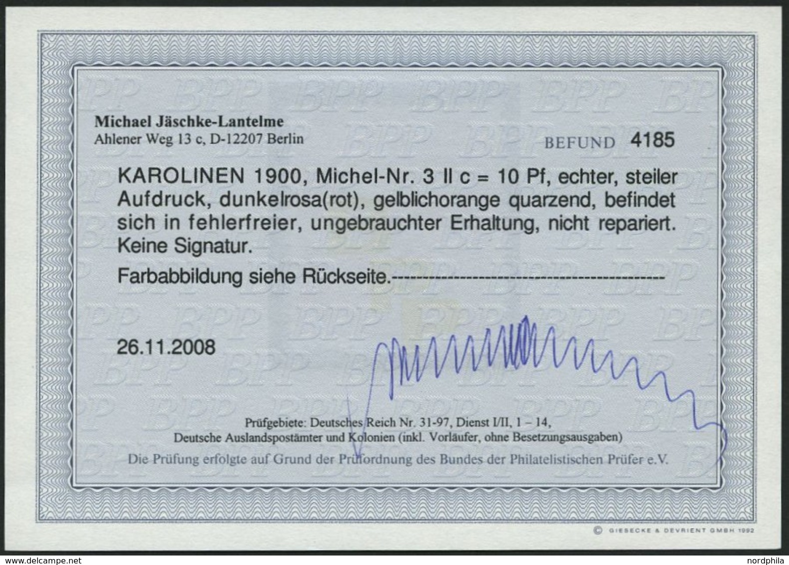 KAROLINEN 3IIc *, 1900, 10 Pf. Dunkelrosa Steiler Aufdruck, Falzrest, Pracht, Fotobefund Jäschke-L., Mi. 260.- - Karolinen