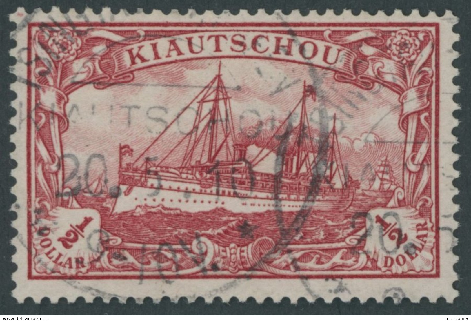 1905,  1/2 $ Dunkelkarminrot, Ohne Wz., Stempel TSINGTAU-GR. HAFEN, Pracht -> Automatically Generated Translation: 1905, - Kiautschou