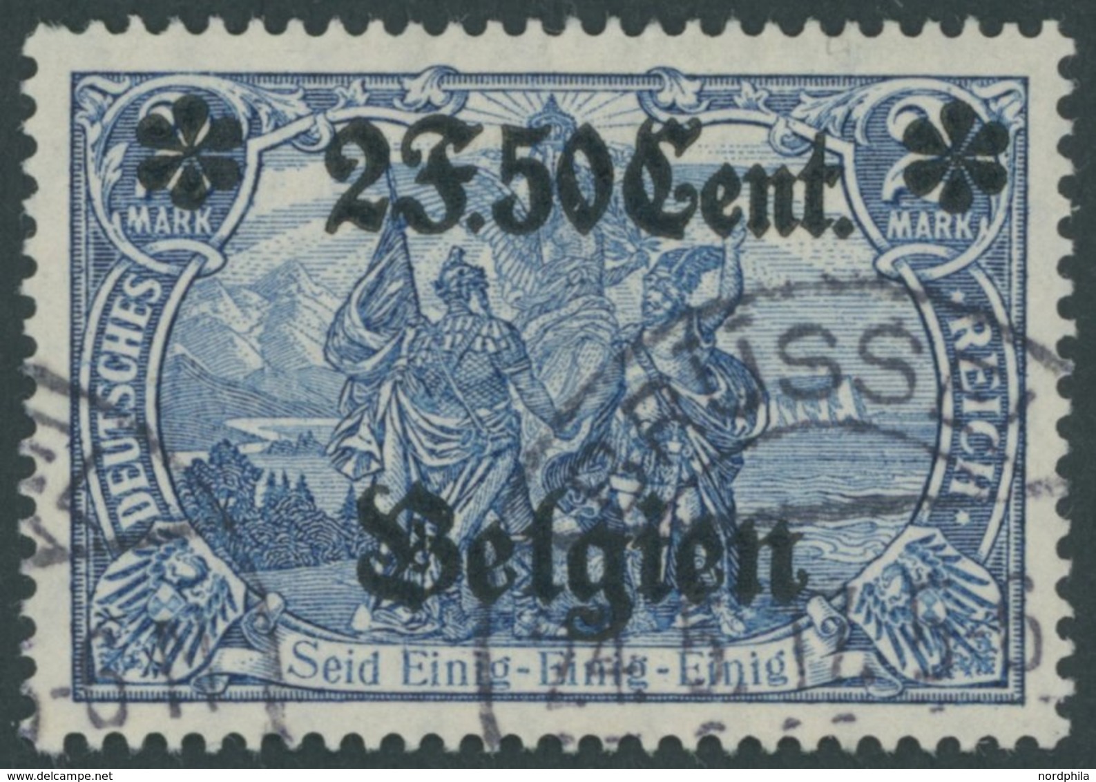 LANDESPOST IN BELGIEN 24IIB O, 1914, 2 F. 50 C. Auf 2 M., Type II, Gezähnt B, Pracht, Mi. 90.- - Besetzungen 1914-18