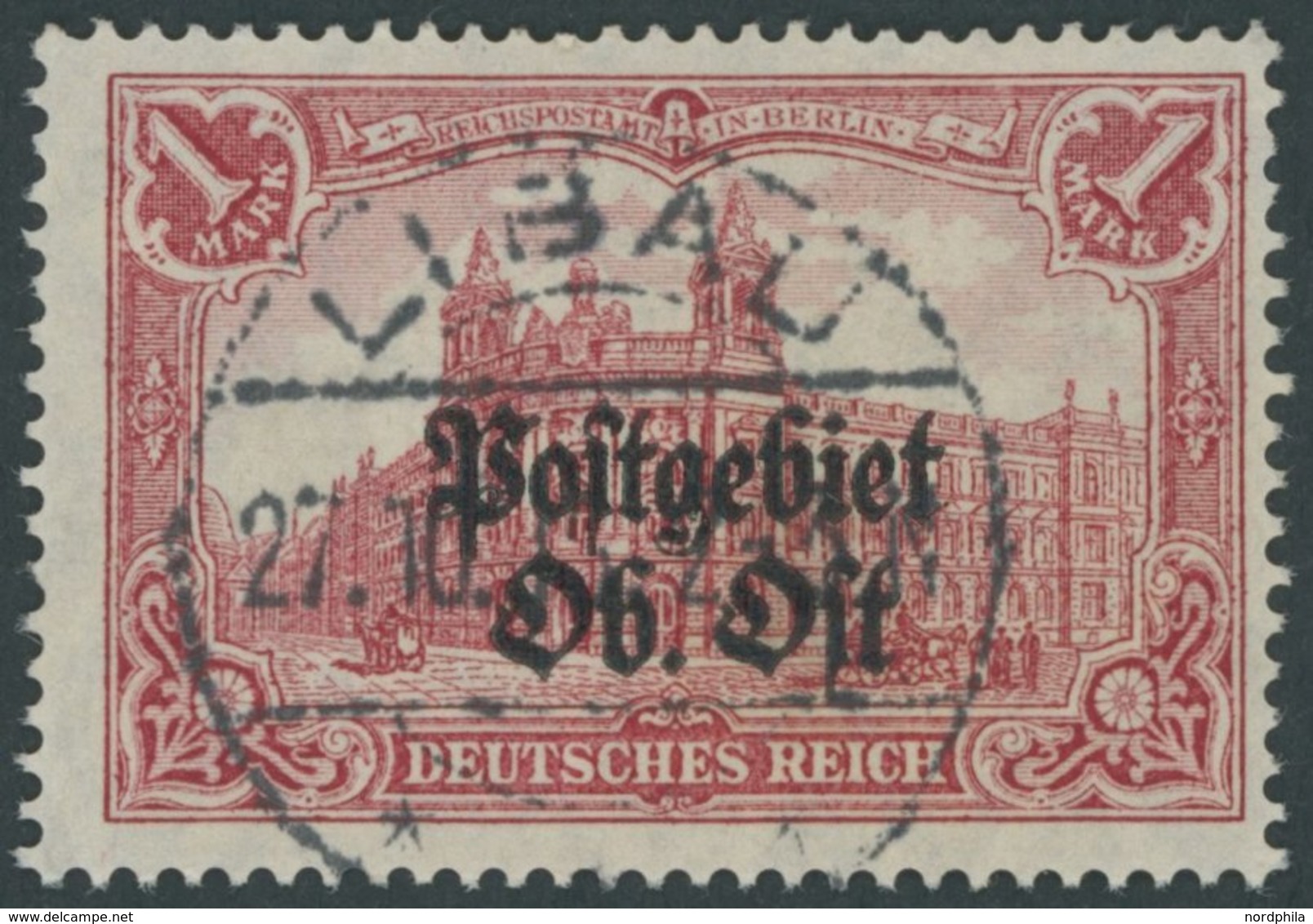 1916, 1 M. Dunkelkarminrot, Gezähnt A, Zentrischer Stempel LIBAU, Pracht, Gepr. Hey, Mi. 200.- -> Automatically Generate - Occupation 1914-18