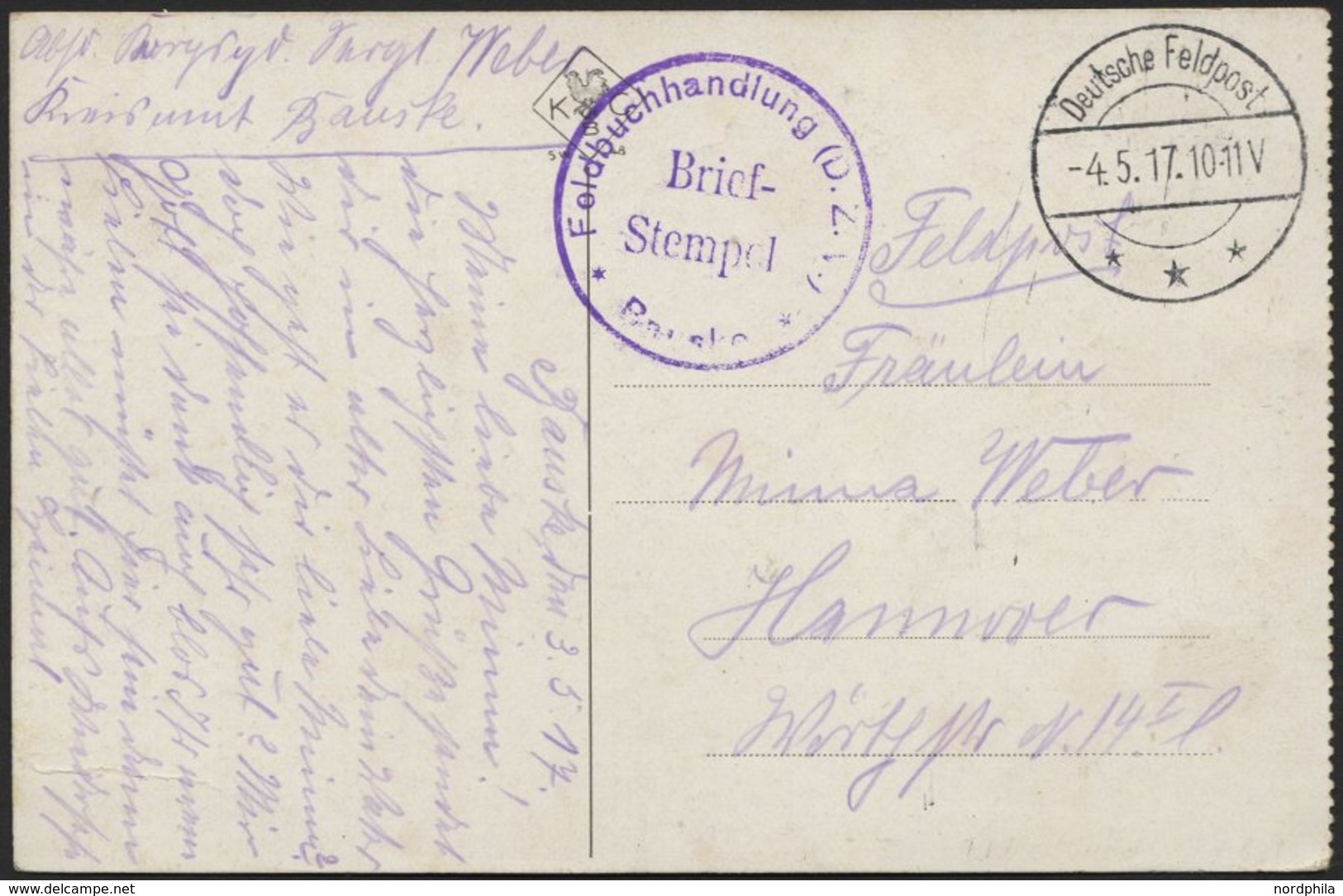 DT. FP IM BALTIKUM 1914/18 Feldpoststation Nr. 211, 4.5.17, Mit Tarnstempel DEUTSCHE FELDPOST ***, Auf Farbiger Ansichts - Lettland