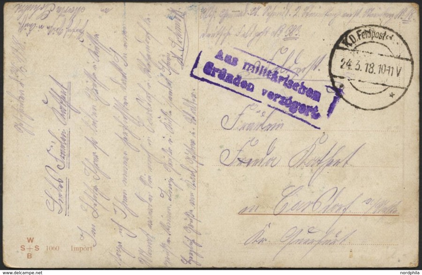 LETTLAND Feldpoststation Nr. 383, 24.3.18, Mit Aptiertem Stempel K.D. FELDPOST ** Auf Farbiger Kitschkarte (The Caretake - Lettland