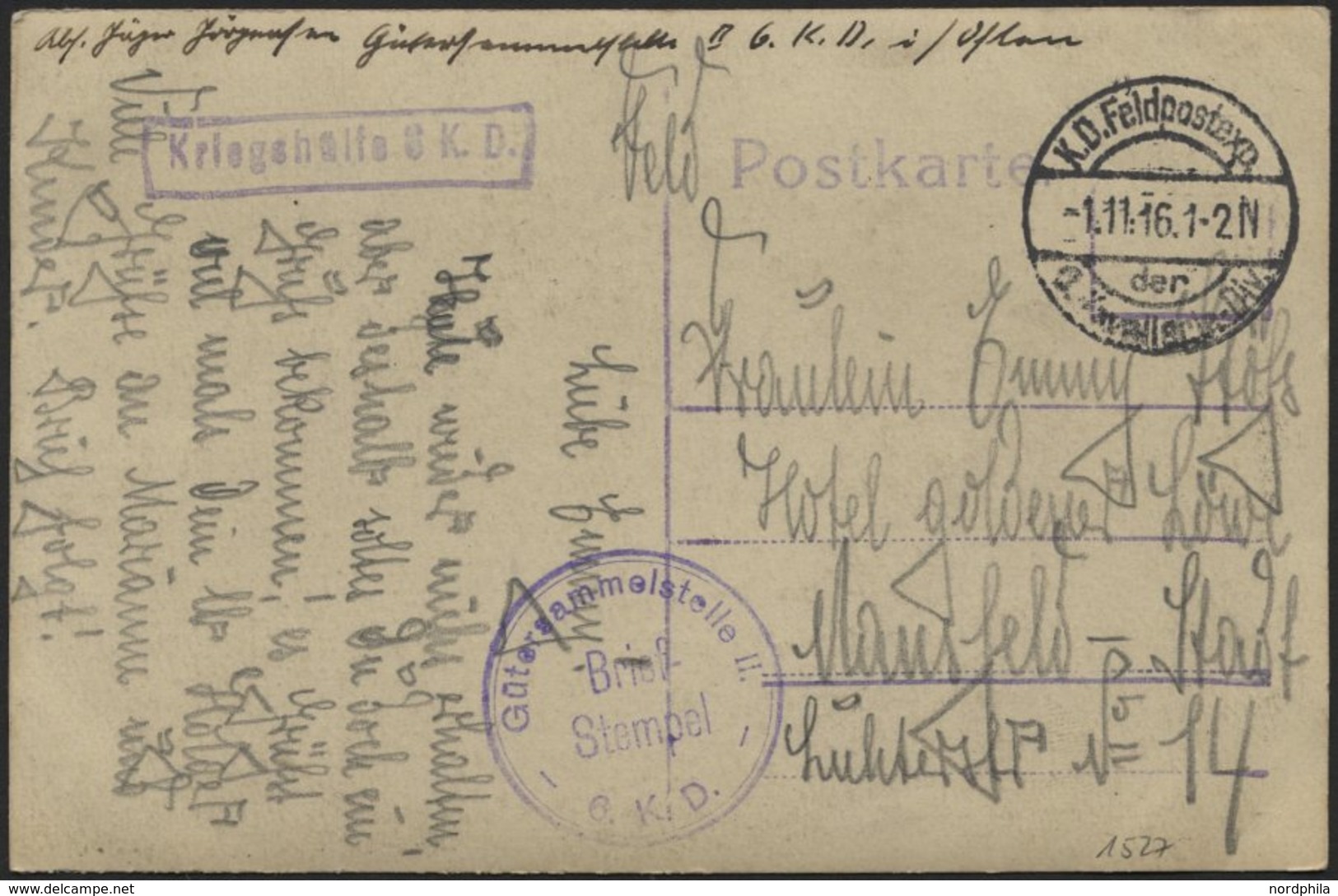 DT. FP IM BALTIKUM 1914/18 K.D. FELDPOSTEXP. DER 6. KAVALLERIE-DIV., 1.11.16, Auf Ansichtskarte (An Der Düna) Nach Mansf - Latvia