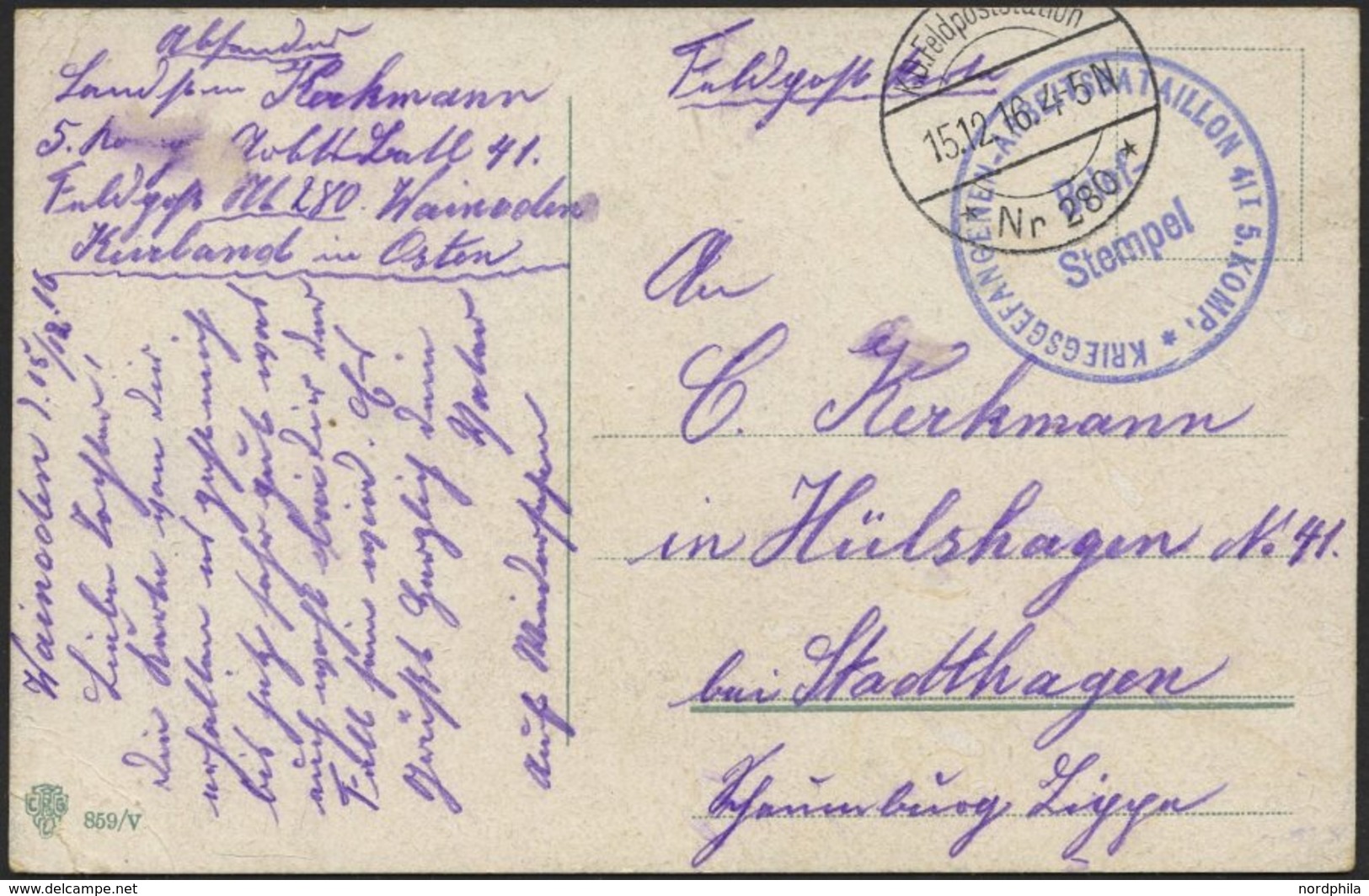 DT. FP IM BALTIKUM 1914/18 K.D. FELDPOSTSTATION NR. 280 **, 15.12.16, Auf Farbiger Ansichtskarte (Herzinnige Weihnachtsw - Lettland