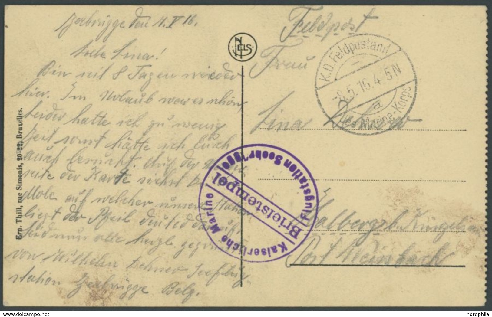 1916, Ansichtskarte Mit Stempel K.D. FELDPOSTAMT MARINE-KORPS Und Violettem Briefstempel KAISERLICHE MARINE FLUGPOSTSTAT - Besetzungen 1914-18