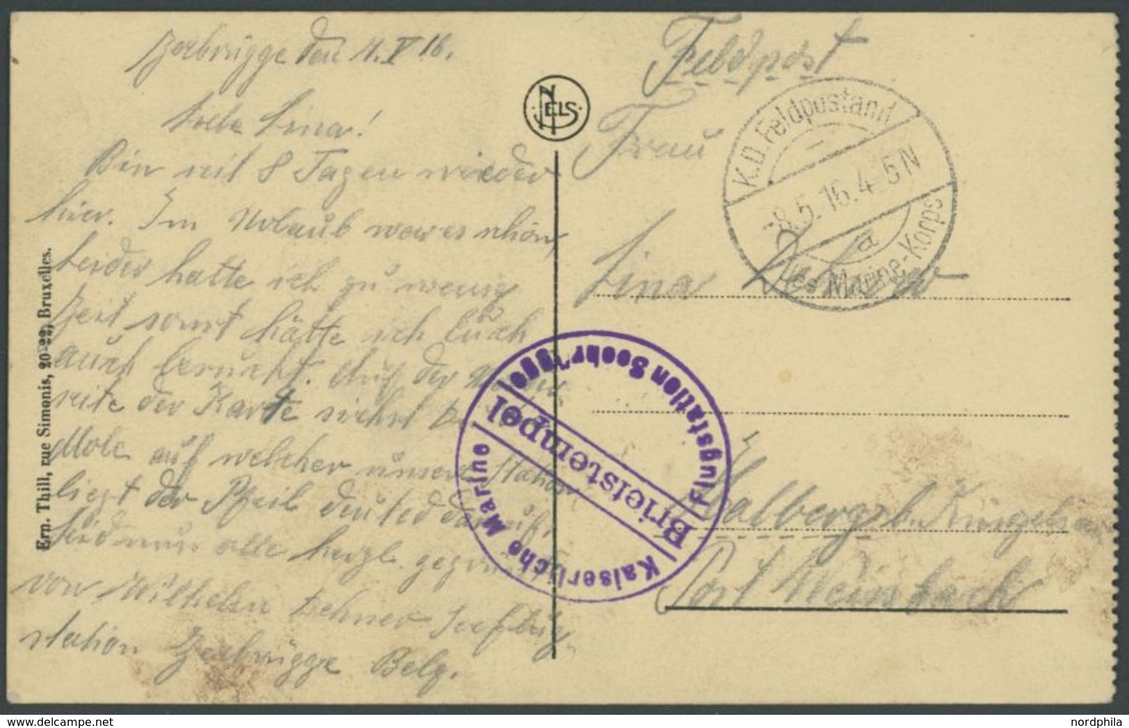 1916, Ansichtskarte Mit Stempel K.D. FELDPOSTAMT MARINE-KORPS Und Violettem Briefstempel KAISERLICHE MARINE FLUGPOSTSTAT - Occupation 1914-18