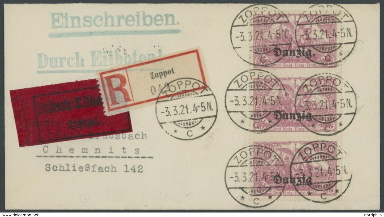 1921, 2.50 M. Rosalila Im Senkrechten Dreierstreifen Auf Eil-Einschreibbrief Von ZOPPOT Nach Chemnitz, Pracht, Gepr. Kni - Sonstige & Ohne Zuordnung