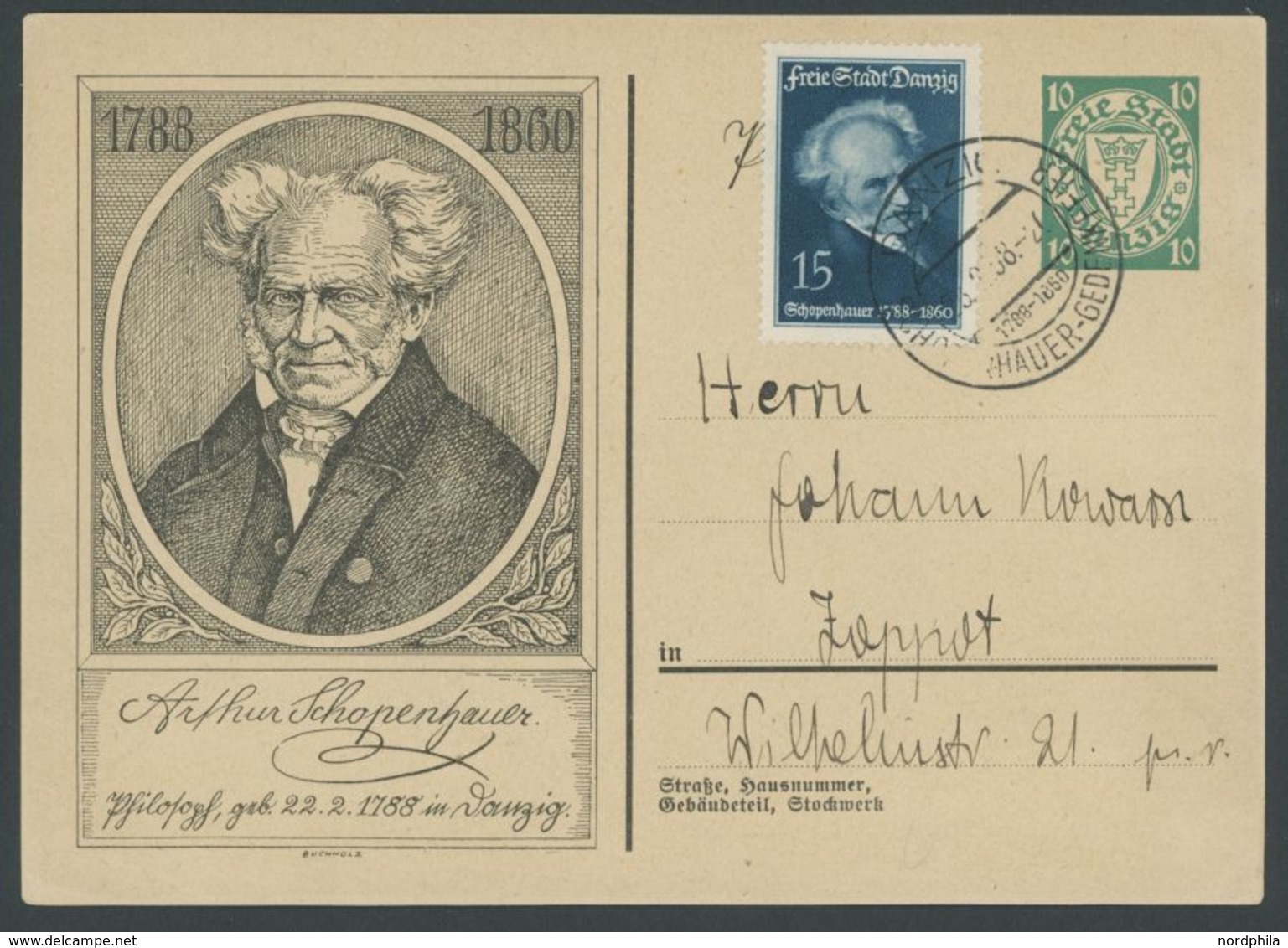 1938, 10 Pf. Dunkelbläulichgrün Mit Mi.Nr. 281, Sonderstempel SCHOPENHAUER-GEDENKFEIER, Pracht -> Automatically Generate - Other & Unclassified