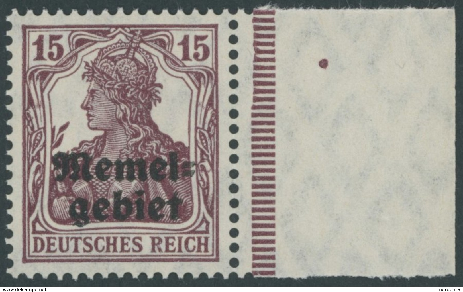 1920, 15 Pf. Braunlila Vom Rechten Rand, Senkrecht Geriffelte Gummierung, Postfrisch, Pracht, Fotoattest Huylmans, Mi. 1 - Klaipeda 1923