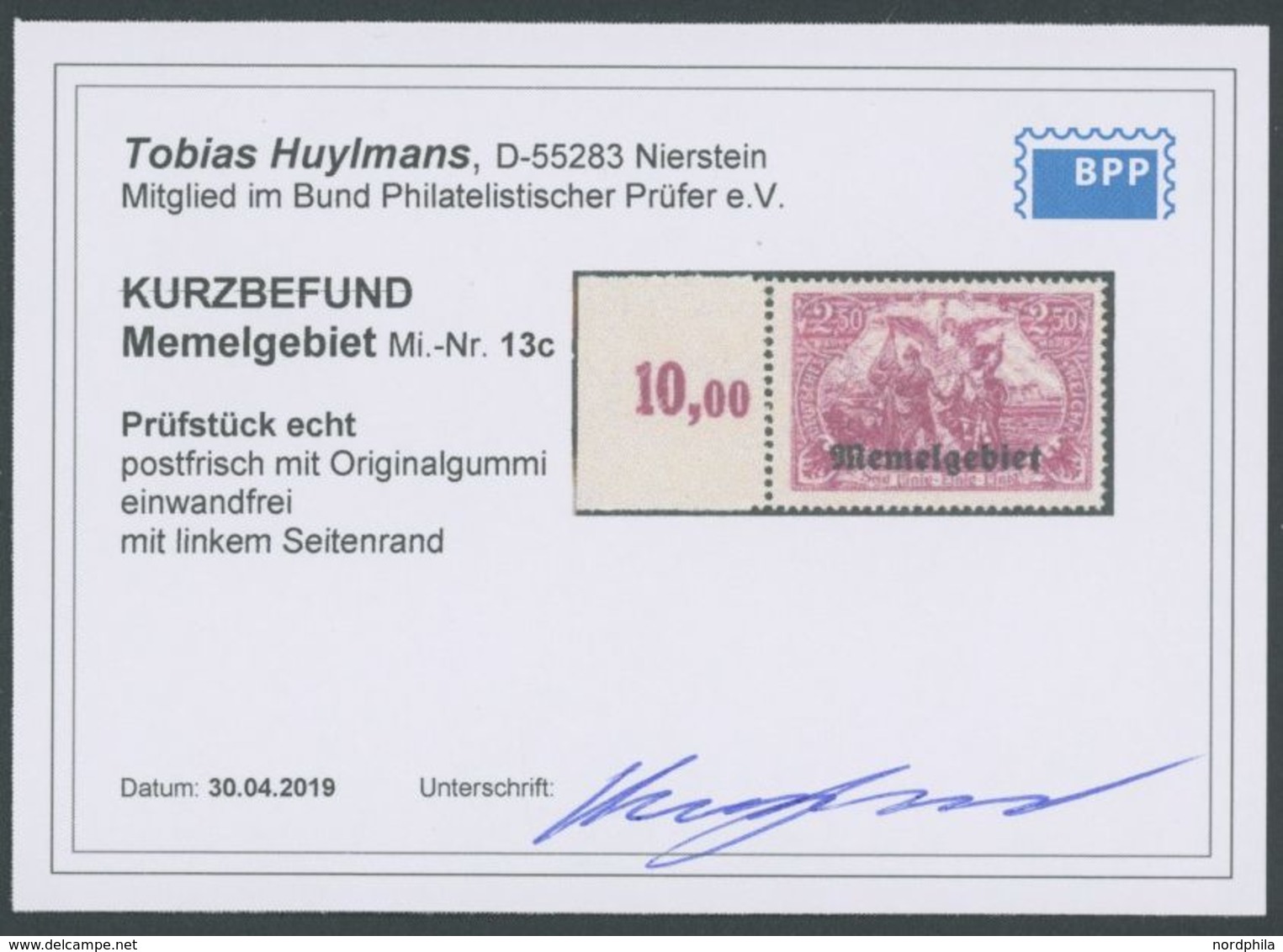 1920, 2.50 M. Rotlila Vom Linken Rand, Postfrisch, Pracht, Kurzbefund, Huylmans, Mi. 200.- -> Automatically Generated Tr - Memelland 1923