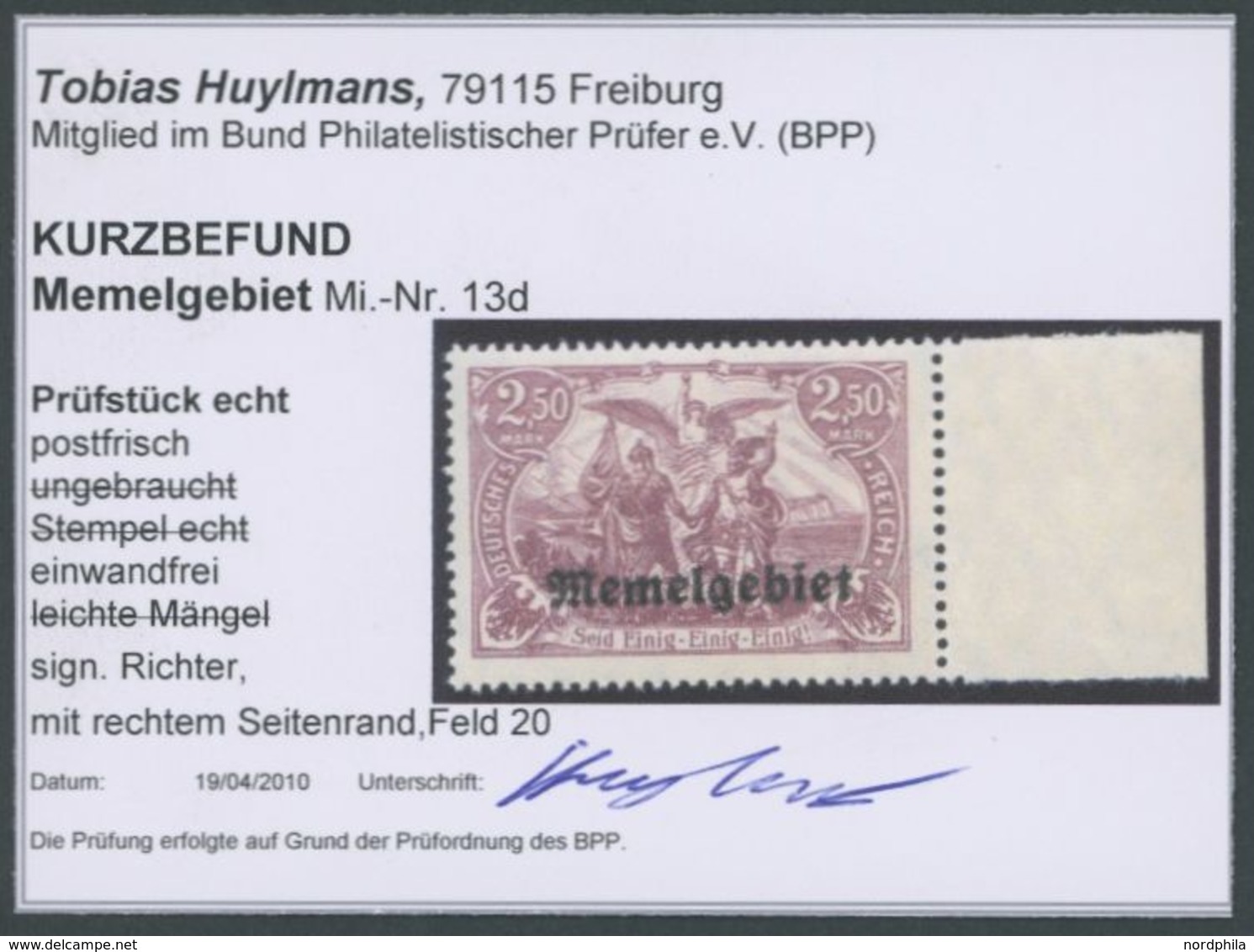 1920, 2.50 M. Bräunlichlila Vom Rechten Rand, Postfrisch, Pracht, Kurzbefund Huylmans, Mi. 270.- -> Automatically Genera - Memelgebiet 1923