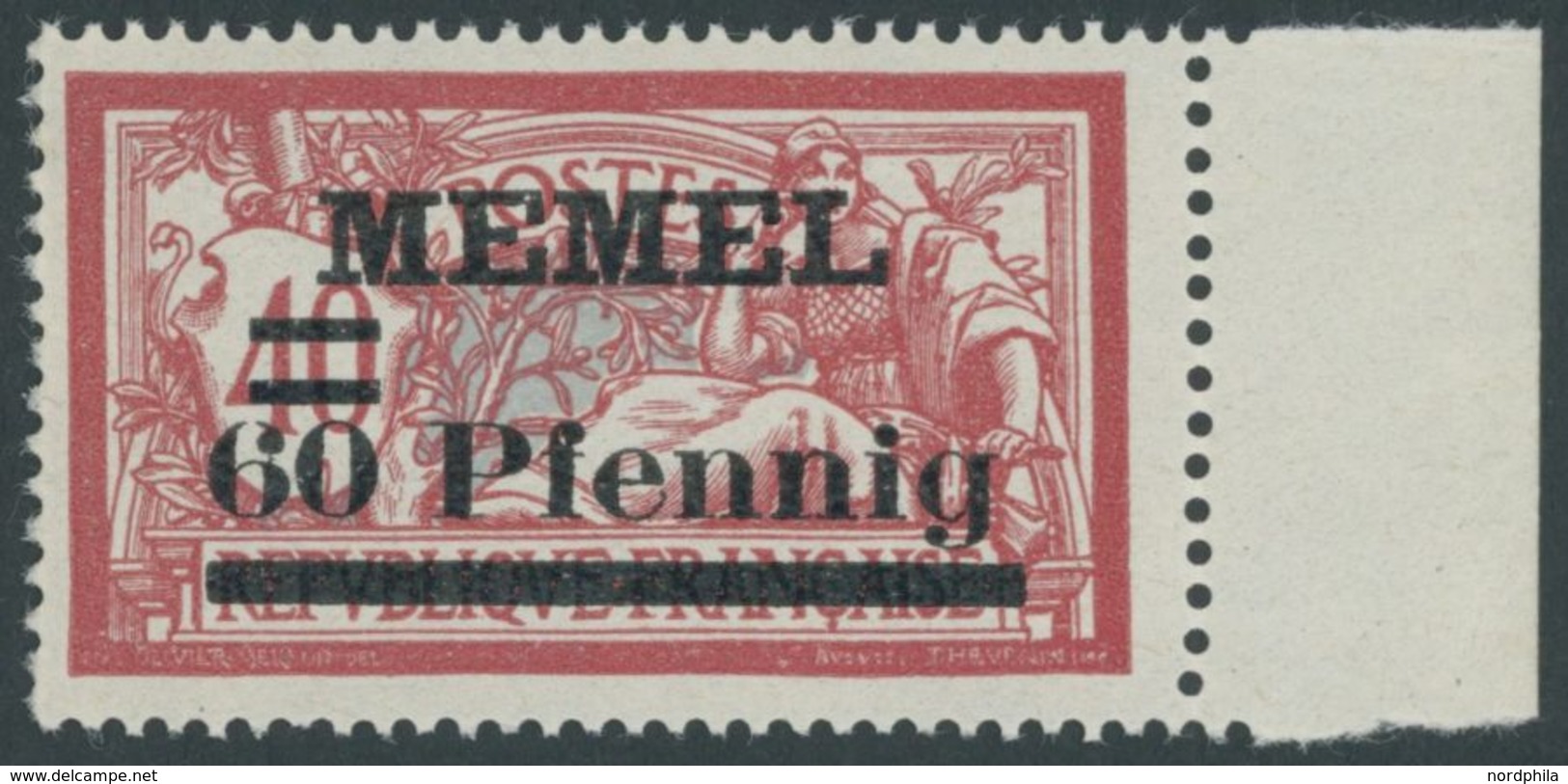 1921, 60 Pf. Auf 40 C. Mitteilkarminrot/grüngrau, Postfrisch, Pracht, Kurzbefund Huylmans, Mi. 350.- -> Automatically Ge - Memel (Klaïpeda) 1923