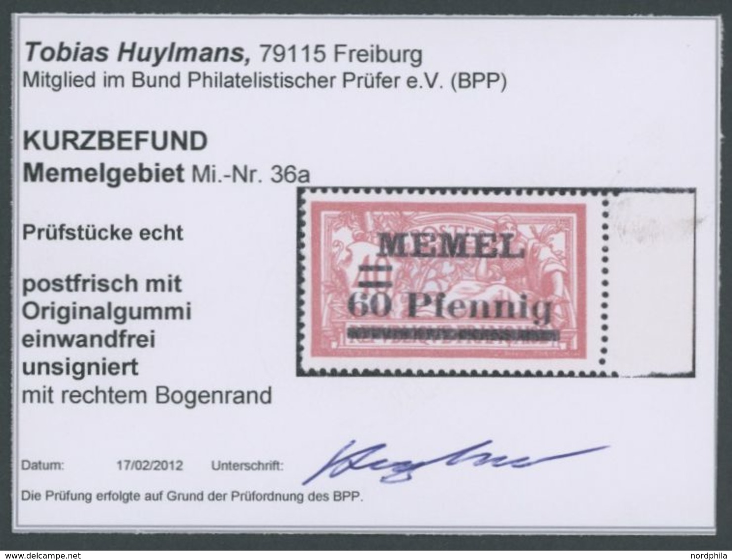 1921, 60 Pf. Auf 40 C. Mitteilkarminrot/grüngrau, Postfrisch, Pracht, Kurzbefund Huylmans, Mi. 350.- -> Automatically Ge - Klaipeda 1923