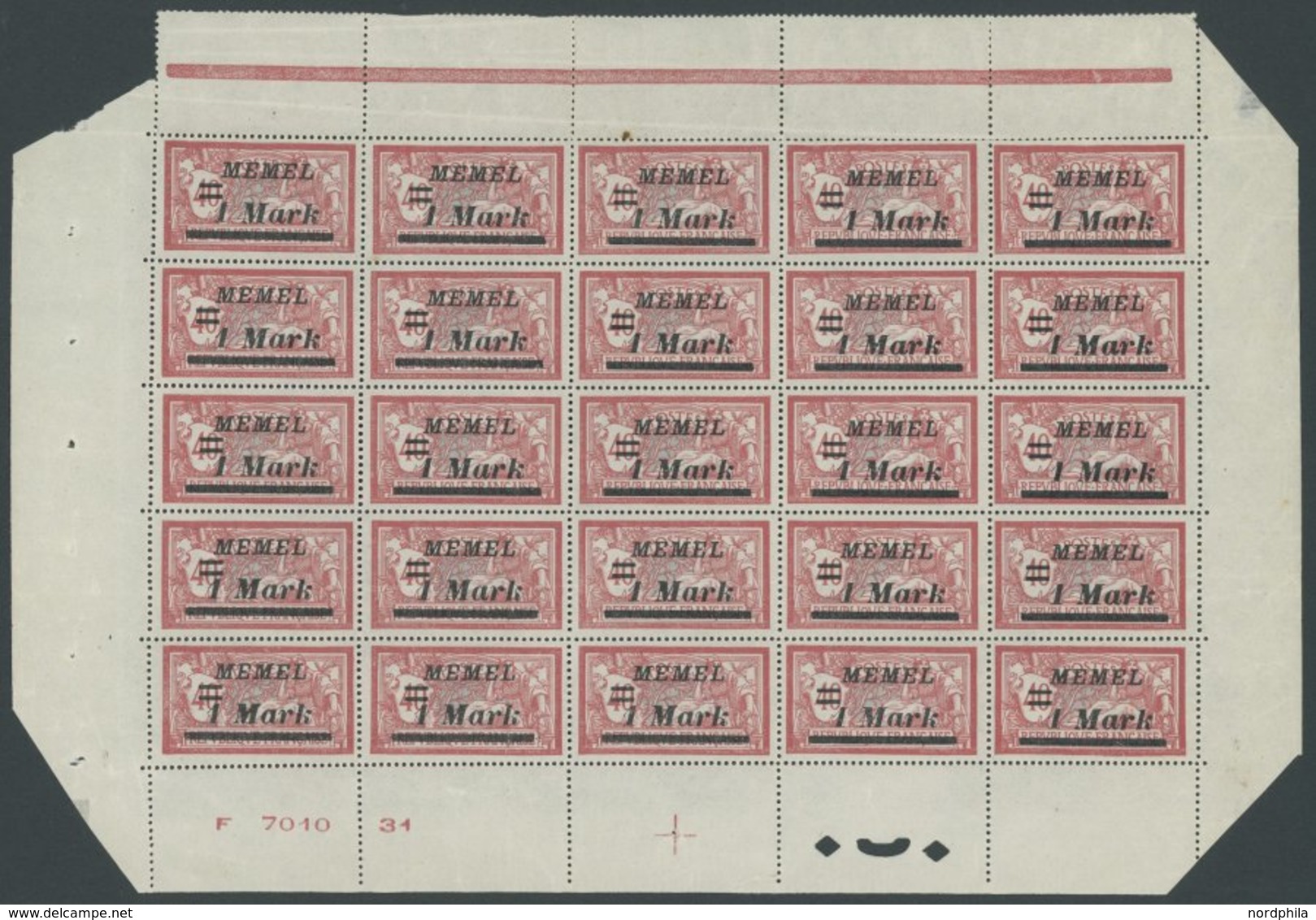 MEMELGEBIET 64 **, 1922, 1 M. Auf 40 C. Graurot/türkisgrau Im Unteren Bogenteil (25) Mit Druckdatum, Postfrisch, Marken  - Memelgebiet 1923