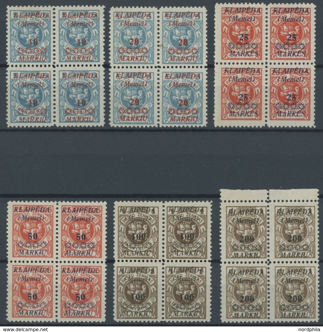 MEMELGEBIET 135-40 VB **, 1923, Staatsdruckerei Kowno In Viererblocks, Postfrisch, Feinst/Pracht (ein Paar Haftstellen) - Memelgebiet 1923