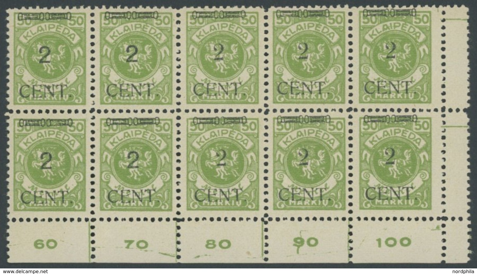 MEMELGEBIET 177III,IV **, 1923, 2 C. Auf 50 M. Gelbgrün, Type III Und IV Im Zehnerblock Aus Der Rechten Unteren Bogeneck - Klaipeda 1923
