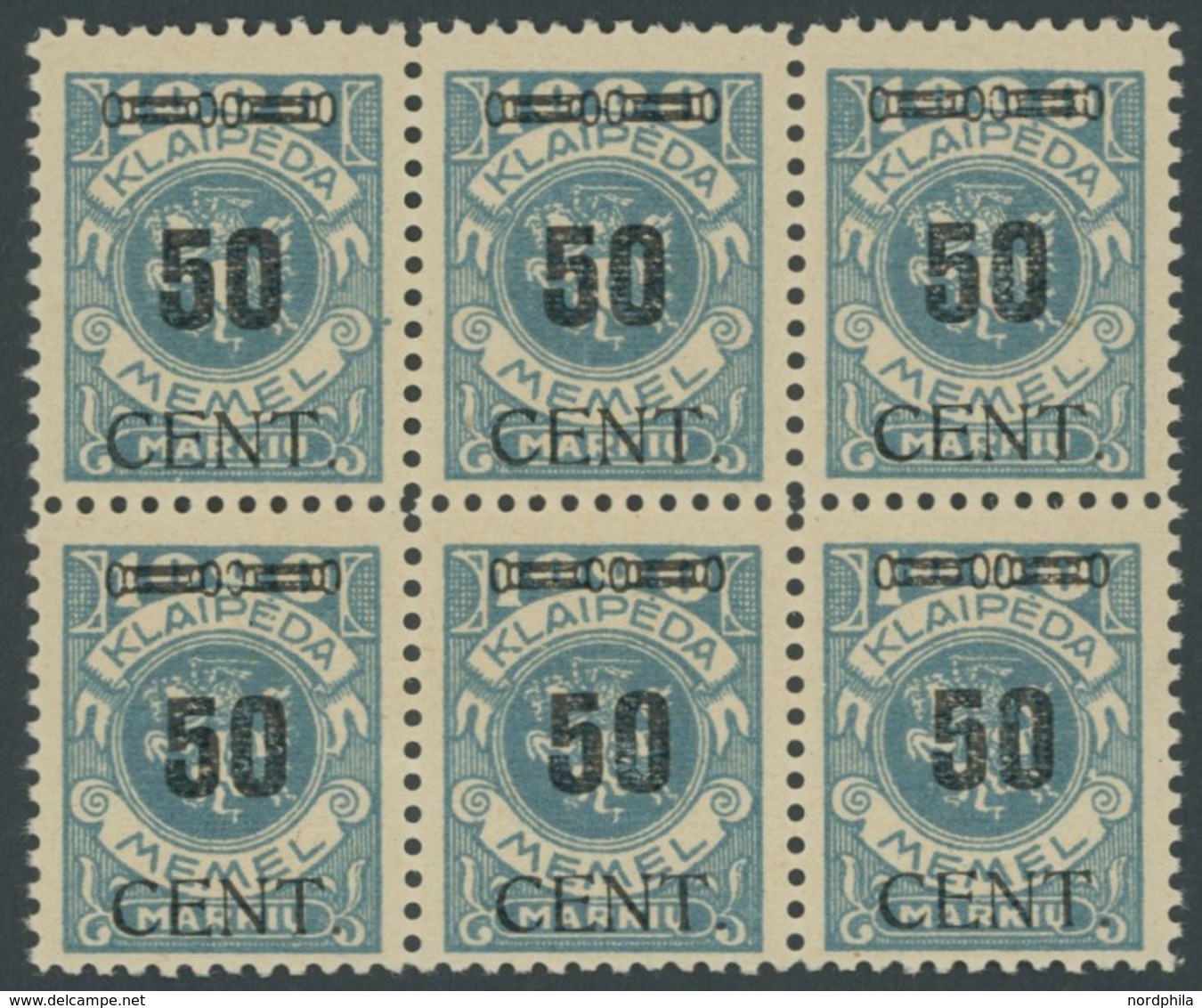 MEMELGEBIET 191 **, 1923, 50 C. Auf 1000 M. Grünlichblau Im Sechserblock, Postfrisch, Pracht, Mi. (180.-) - Memel (Klaïpeda) 1923