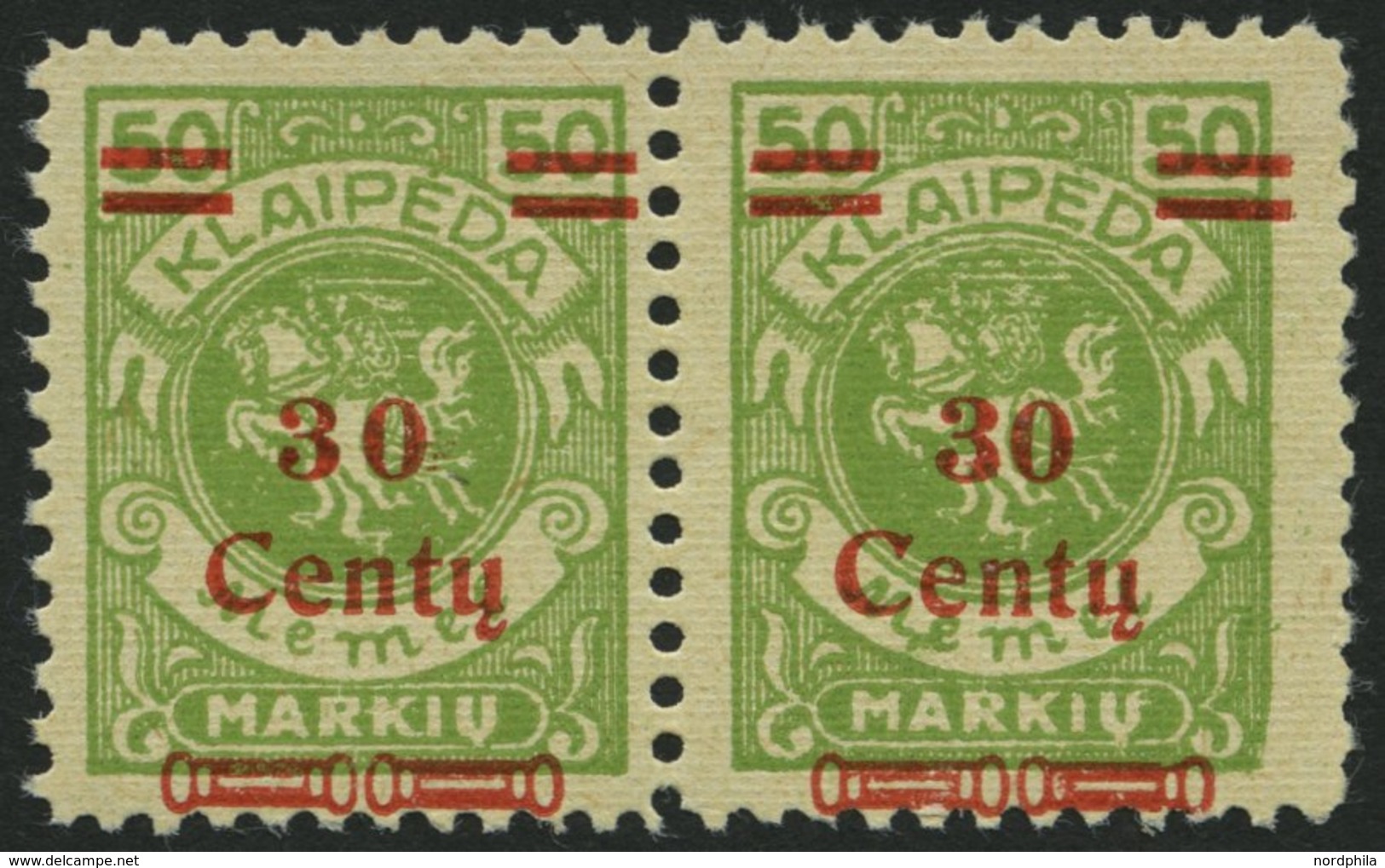 MEMELGEBIET 226I,II **, 1923, 30 C. Auf 50 M. Gelbgrün, Type I Und II Zusammen Im Waagerechten Paar, Postfrisch Pracht - Memelgebiet 1923