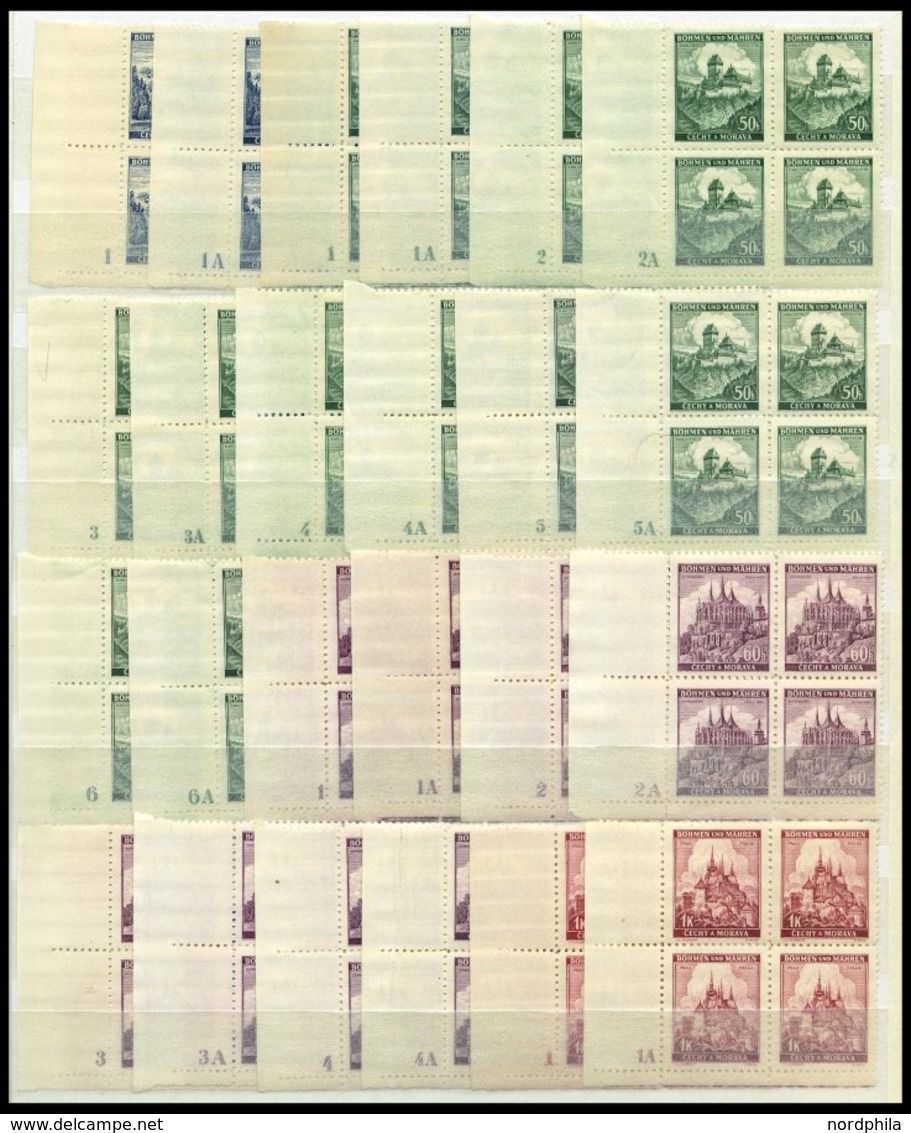 BÖHMEN UND MÄHREN 25-28 Pl.-Nr. **, 1939, 40 H. - 1 K. Lindenzweig Und Landschaften Komplett In Eckrandviererblocks Vom  - Unused Stamps