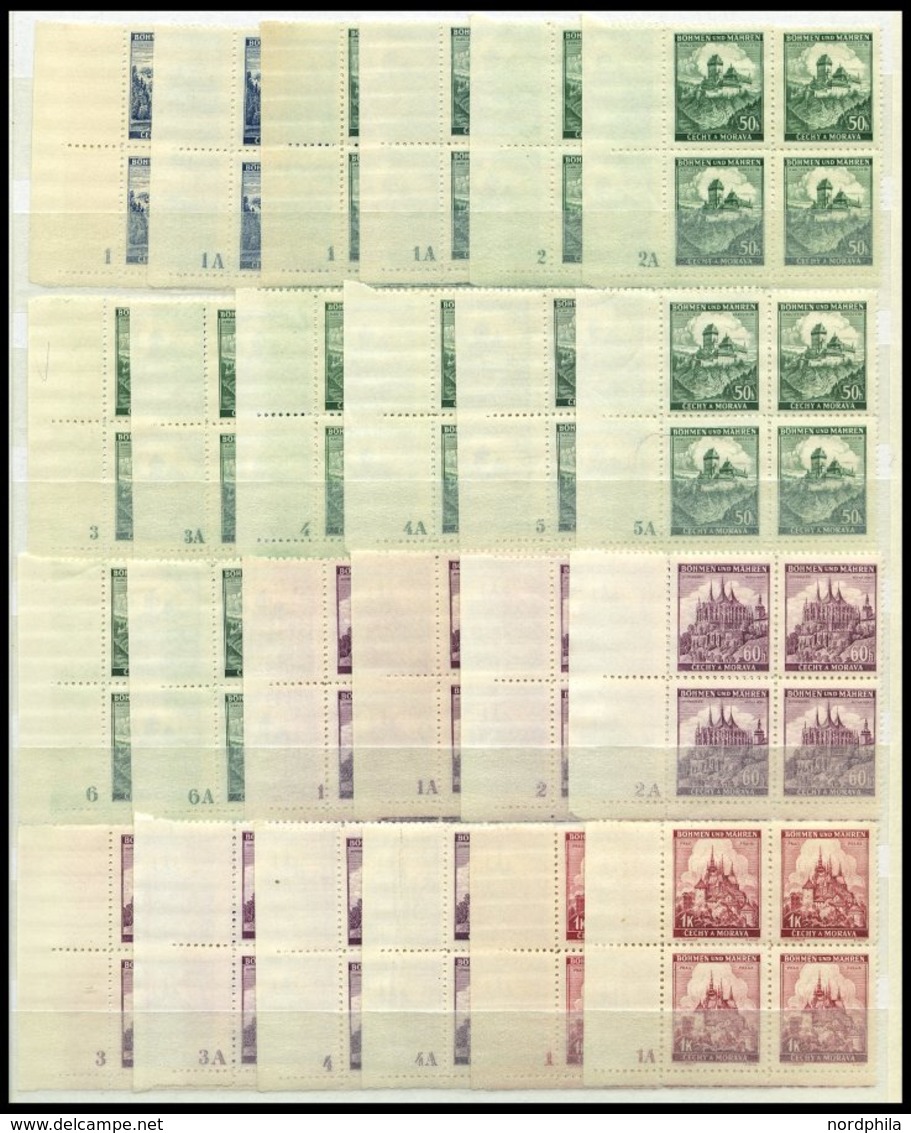 BÖHMEN UND MÄHREN 25-28 Pl.-Nr. **, 1939, 40 H. - 1 K. Lindenzweig Und Landschaften Komplett In Eckrandviererblocks Vom  - Neufs