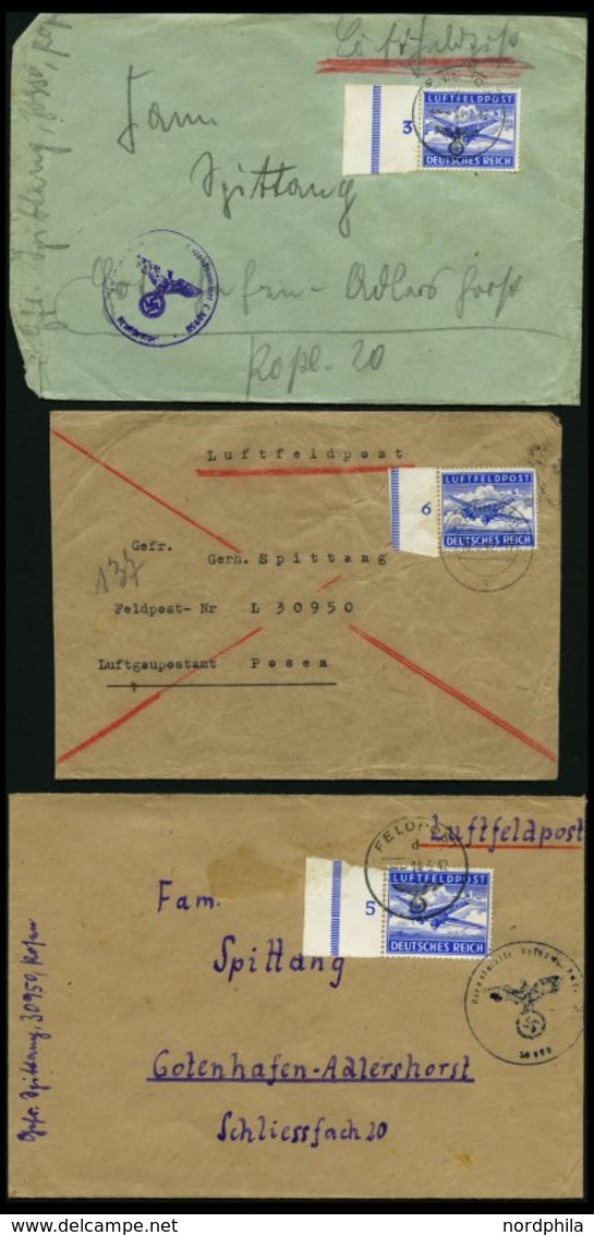 FELDPOSTMARKEN 1A BRIEF, 1942, Zulassungsmarke, Gezähnt, 3 Linke Randstücke (Nr. 3,5 Und 6) Je Auf Luftfeldpostbriefen,  - Occupation 1938-45