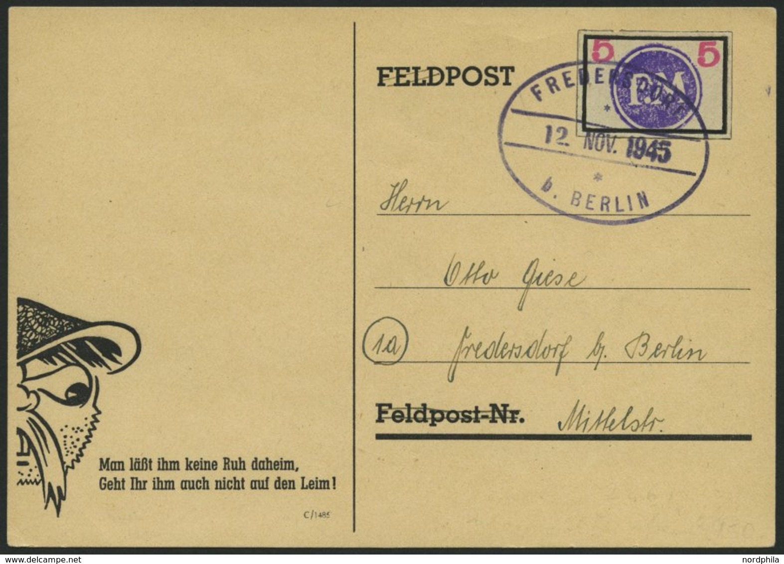 FREDERSDORF Sp 226 BRIEF, 1945, 5 Pf., Rahmengröße 28x19 Mm, Große Wertziffern, Auf Postkarte, Pracht, Gepr. Zierer - Postes Privées & Locales