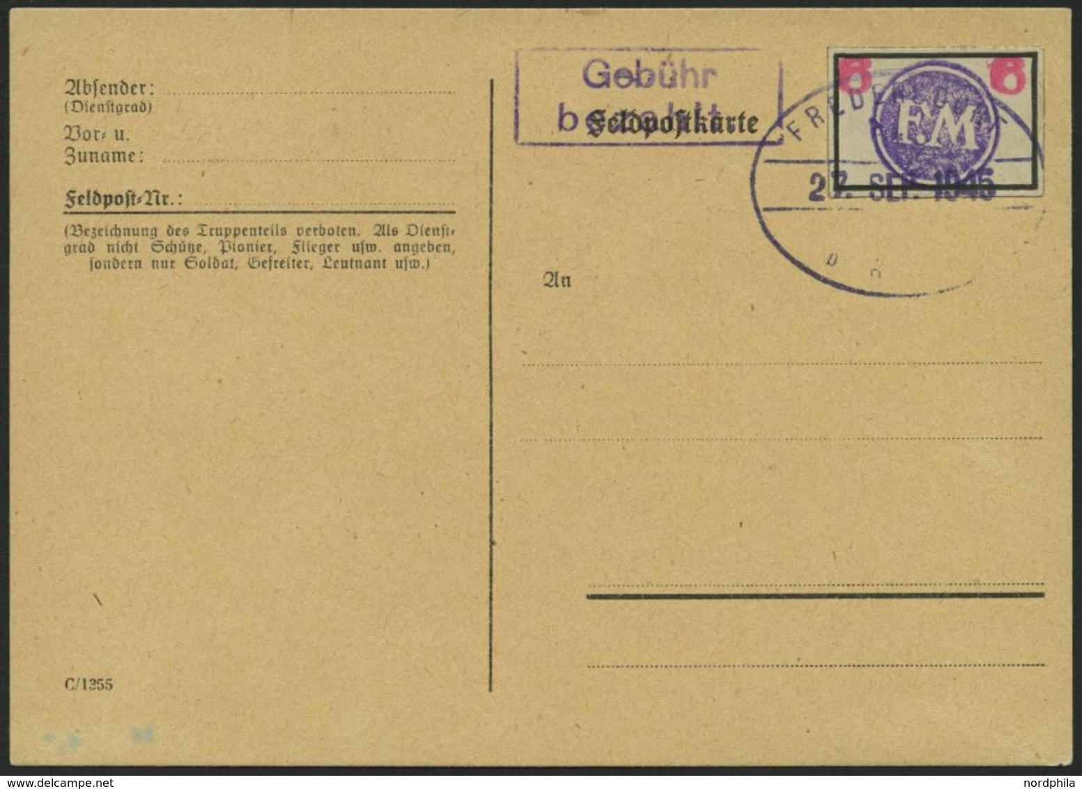 FREDERSDORF Sp 227 BRIEF, 1945, 6 Pf., Rahmengröße 28x19 Mm, Große Wertziffern, Leer Gestempelt Auf Karte Mit Stempel Vo - Private & Local Mails