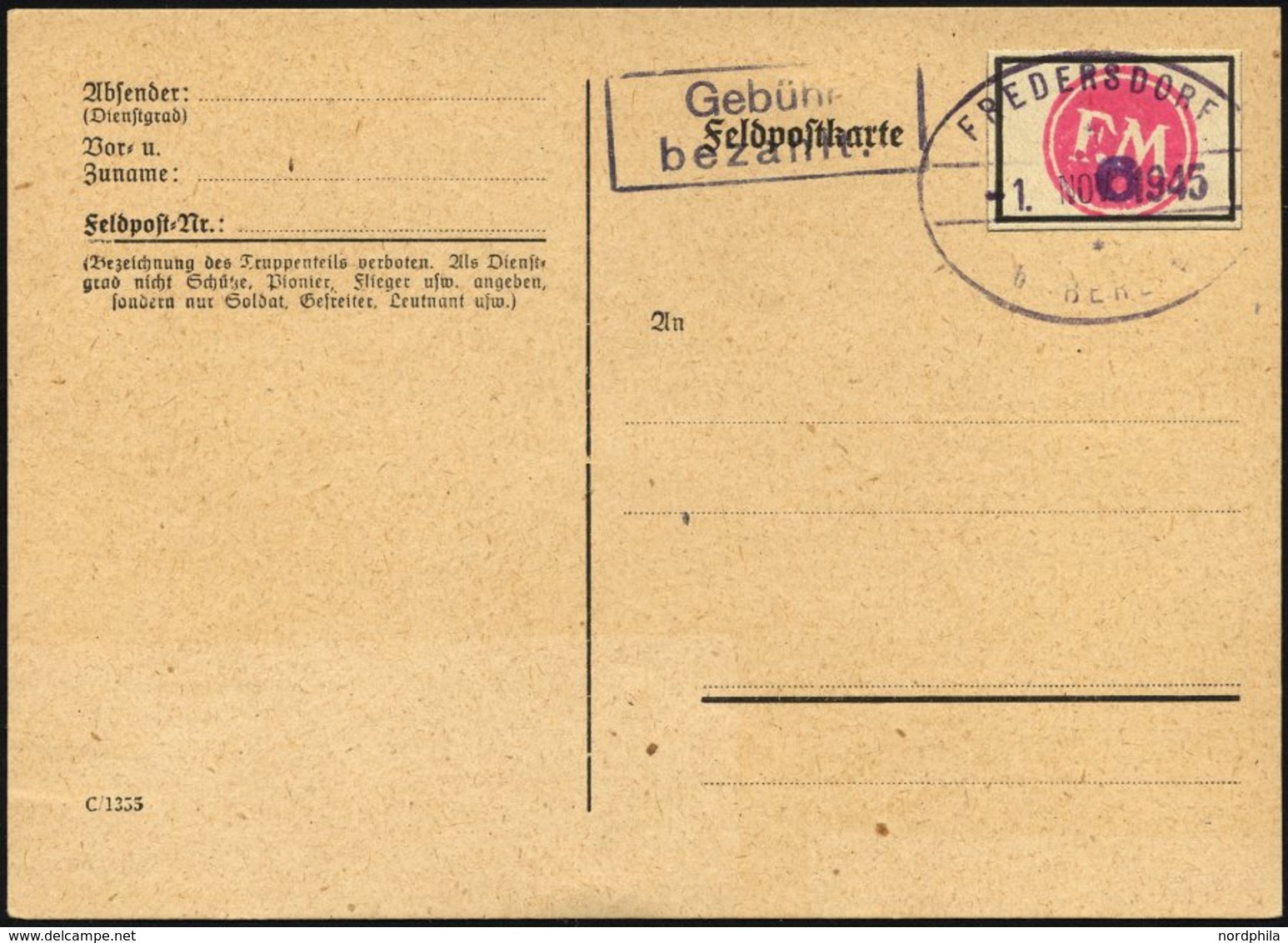 FREDERSDORF Sp 227FIV BRIEF, 1945, 6 Pf., Rahmengröße 28x19 Mm, Große Wertziffern, Mit Abart Wertziffer Bläulichviolett, - Postes Privées & Locales