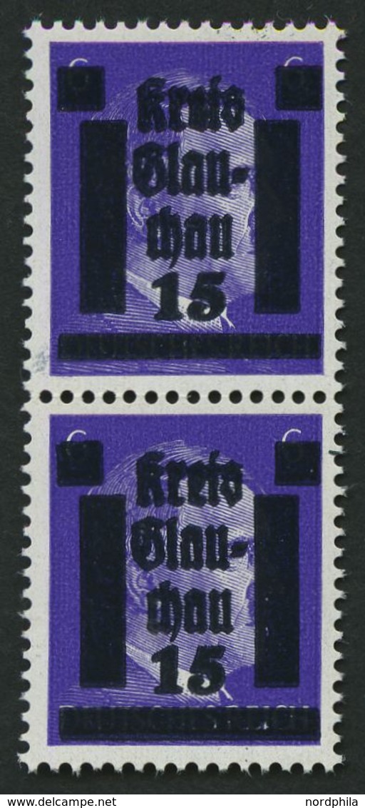 GLAUCHAU 5aDDIIIa Paar **, 1945, 15 Auf 6 Pf. Lebhaftblauviolett Doppelaufdruck Im Senkrechten Paar, Ein Wert Mit Abart  - Other & Unclassified