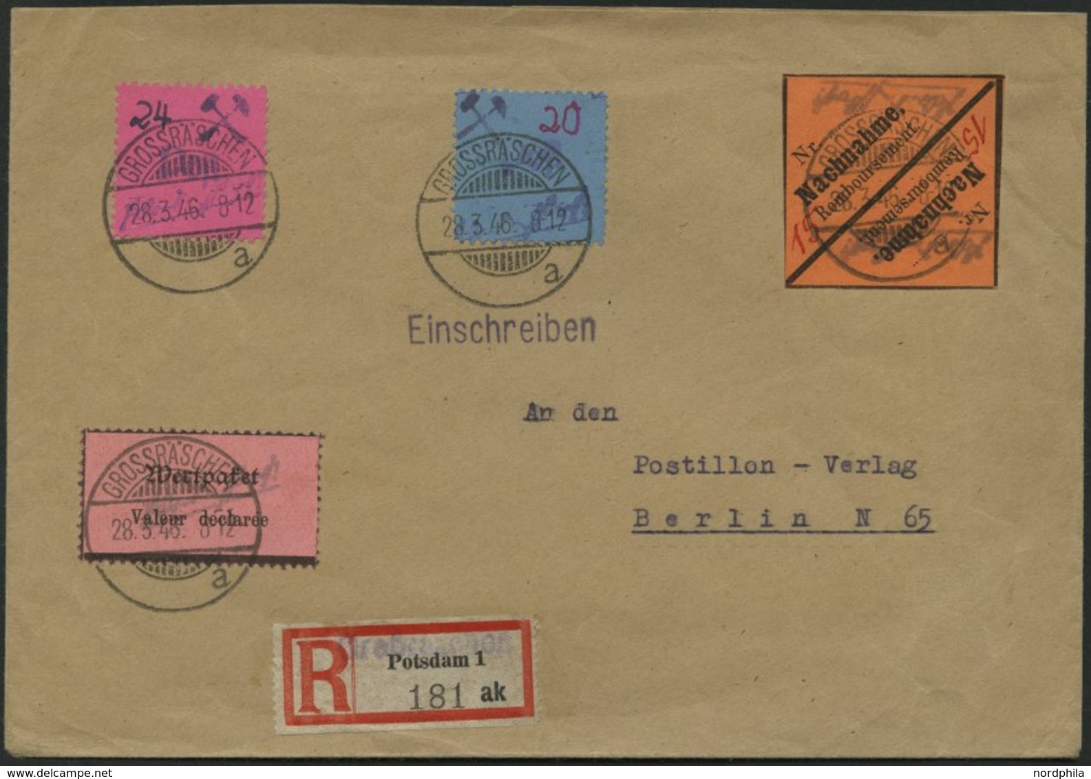 GROSSRÄSCHEN-VORLÄUFER V 1F,V 2IV Paar BRIEF, 1946, 10 Pf. Wertpaket Mit Abart Wertangabe Fehlend Und 15 Pf. Schwarz Auf - Postes Privées & Locales