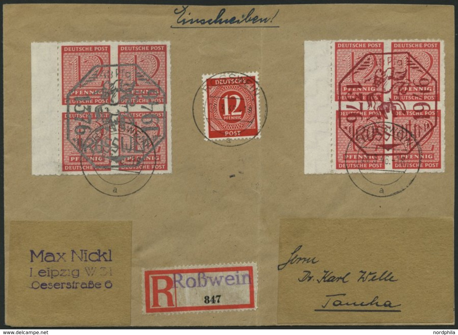 ROSSWEIN 1/2 BRIEF, 1946, 570 Jahre Roßwein Mit 12 Pf. Zusatzfrankatur Auf Einschreibbrief, Senkrecht Gefaltet, Marken P - Private & Local Mails