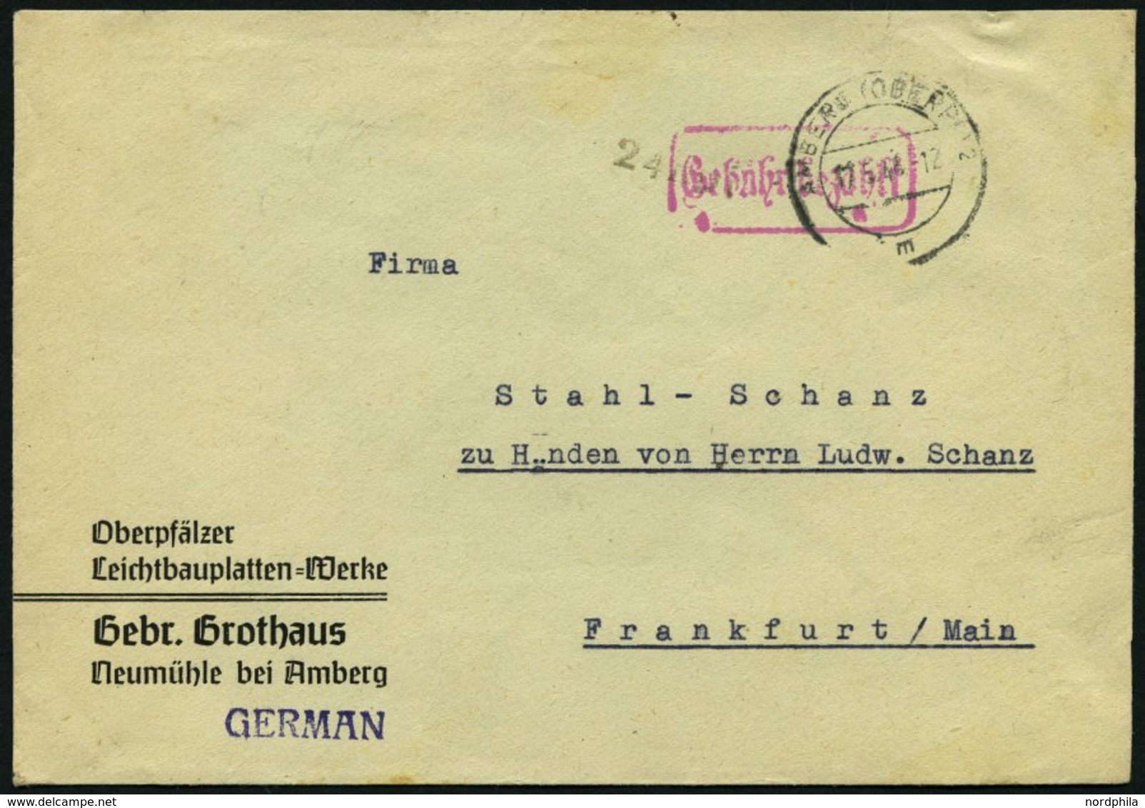 ALL. BES. GEBÜHR BEZAHLT AMBERG (OBERFALZ), 17.5.46, Roter L1 Gebühr Bezahlt Und 24, Prachtbrief - Other & Unclassified