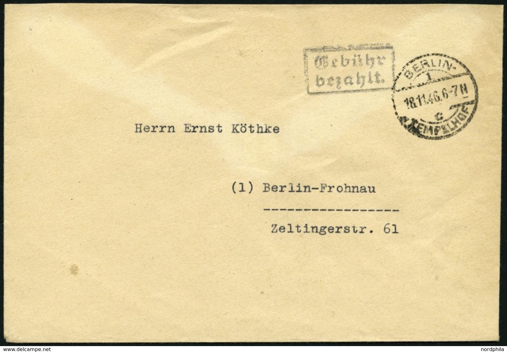 ALL. BES. GEBÜHR BEZAHLT BERLIN TEMPELHOF, 18.11.46, R2 Gebühr Bezahlt, Brief Feinst - Other & Unclassified