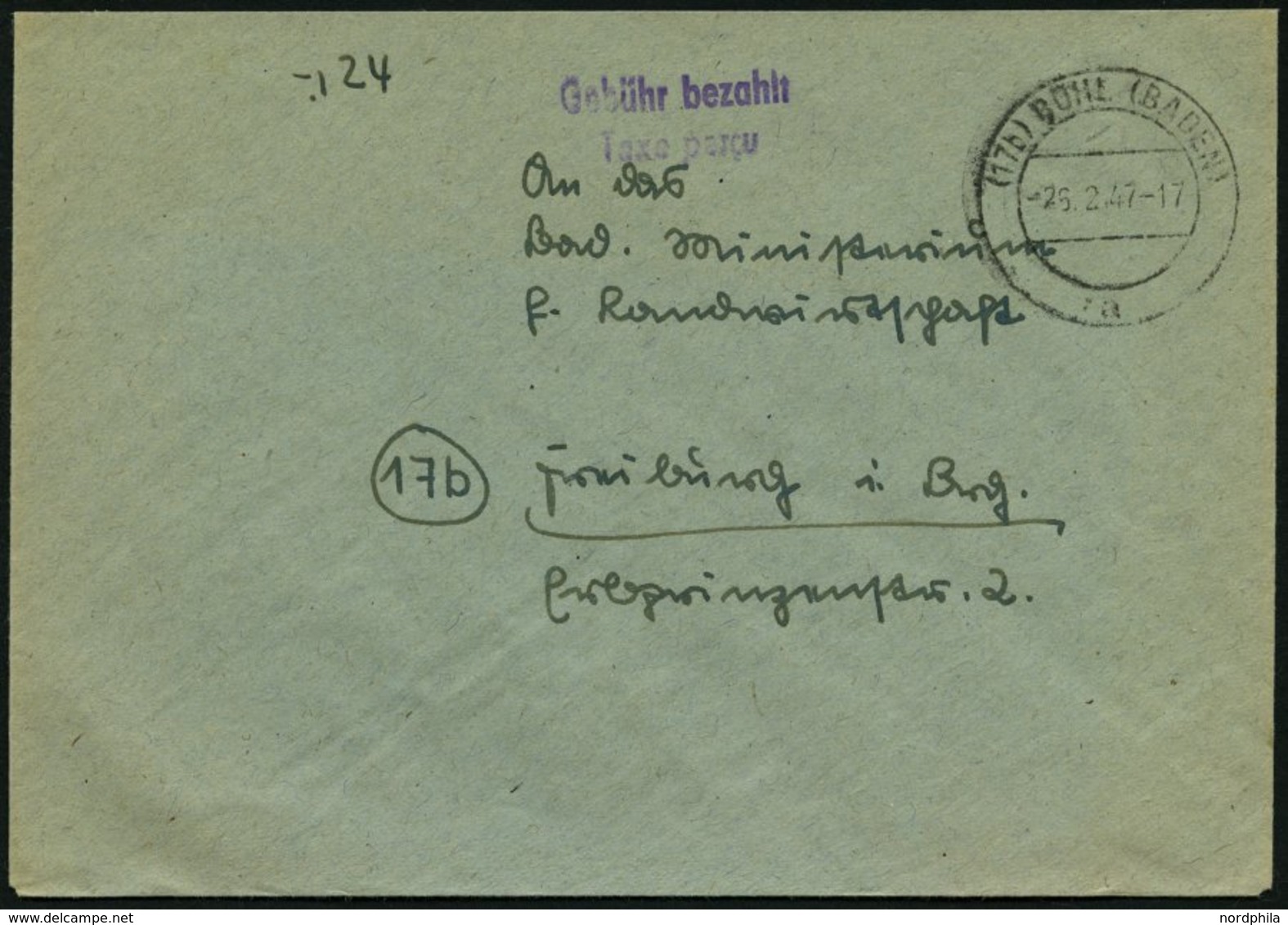 ALL. BES. GEBÜHR BEZAHLT BÜHL (BADEN), 25.2.47, Violetter L2 Gebühr Bezahlt Taxe Percue, Prachtbrief - Autres & Non Classés