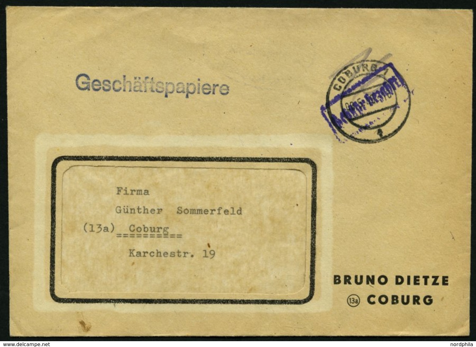 ALL. BES. GEBÜHR BEZAHLT COBURG, 8.5.46, Violetter R1 Gebühr Bezahlt, Geschäftsbrief Feinst - Sonstige & Ohne Zuordnung